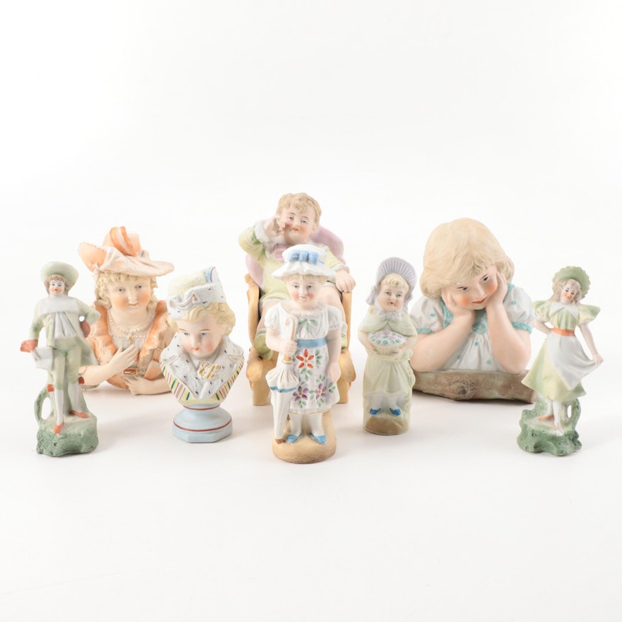 German and Other Bisque Figurines and Wall Hanging Décor, Early to Mid 20th C.