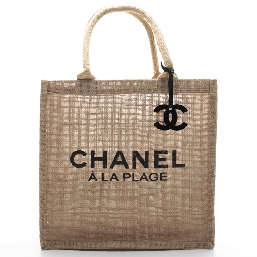 Chanel Coco Mark Women's Straw,Leather Tote Bag Beige,Dark Brown