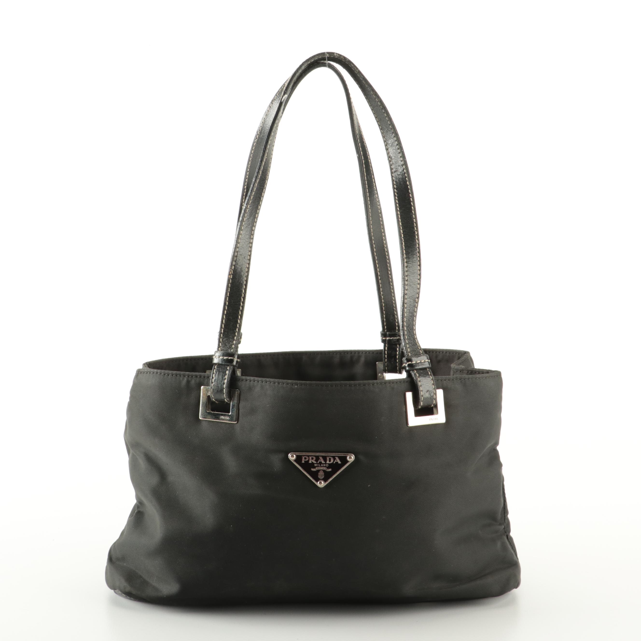 Prada Small Handbag in Black Tessuto Nylon and Leather with Contrast Stitching