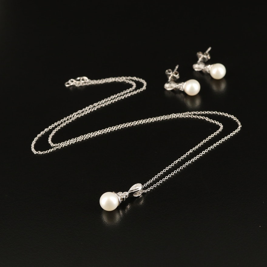 Sterling Pearl and Diamond Necklace and Earrings Set