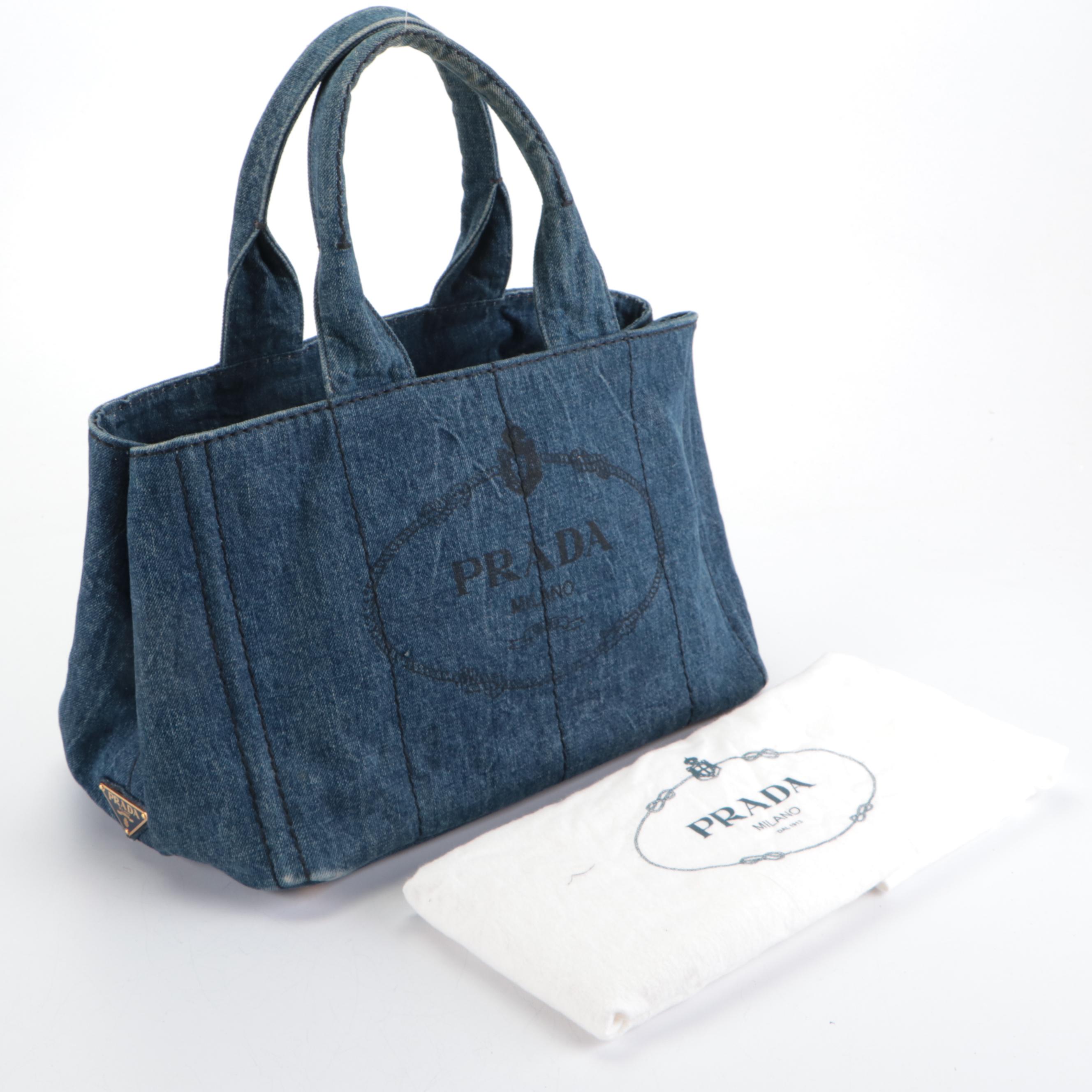 Prada Silkscreen Logo Tote Bag in Blue Denim