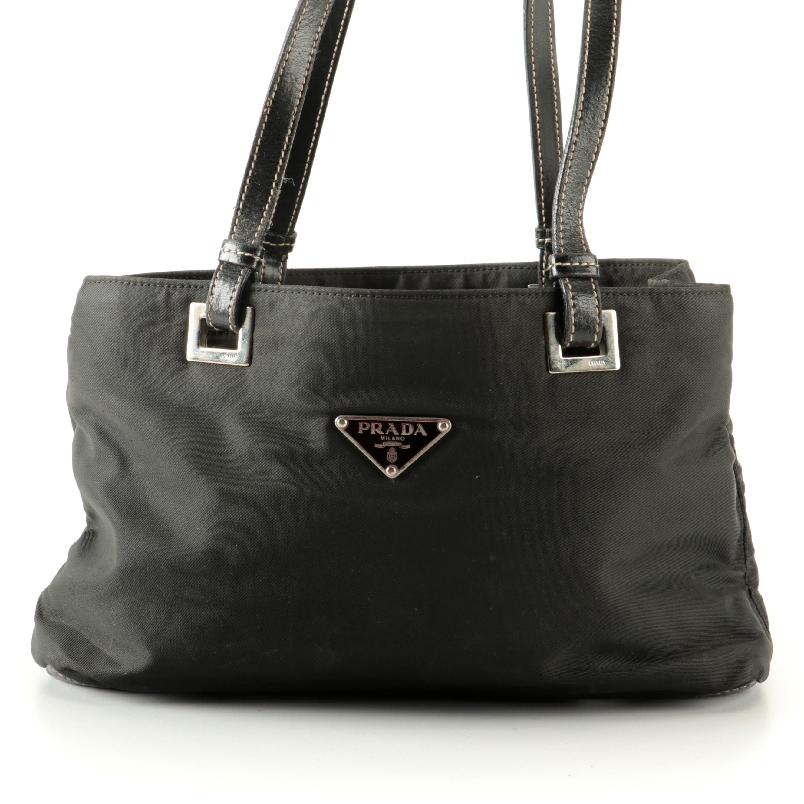 Prada Small Handbag in Black Tessuto Nylon and Leather with Contrast Stitching