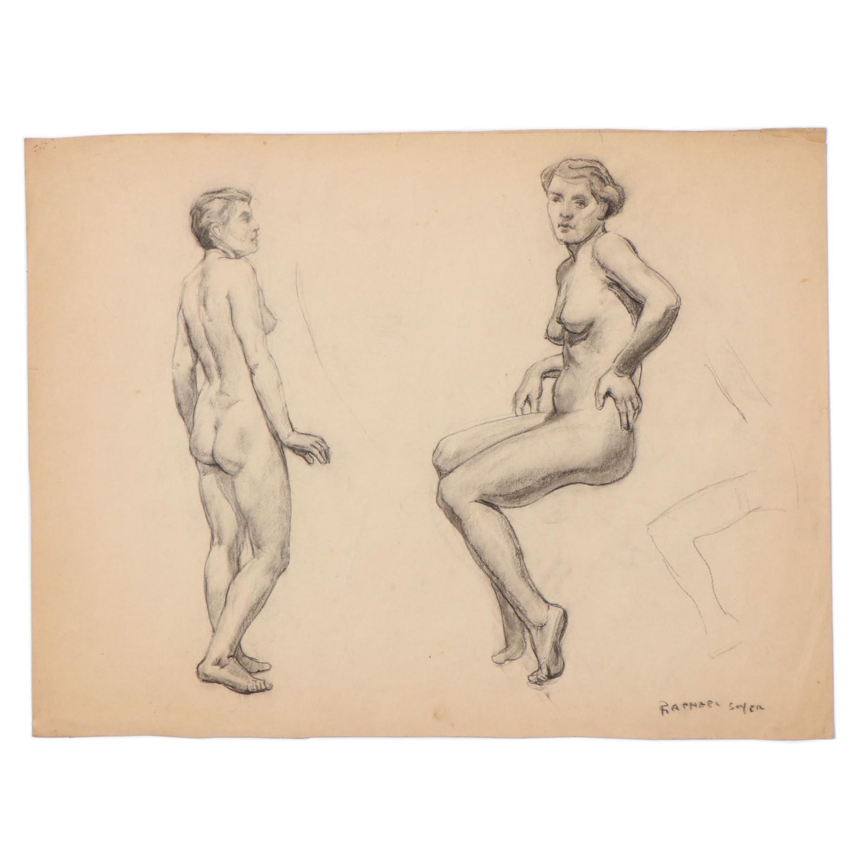 Raphael Soyer Conté Crayon Drawing of Female Nudes
