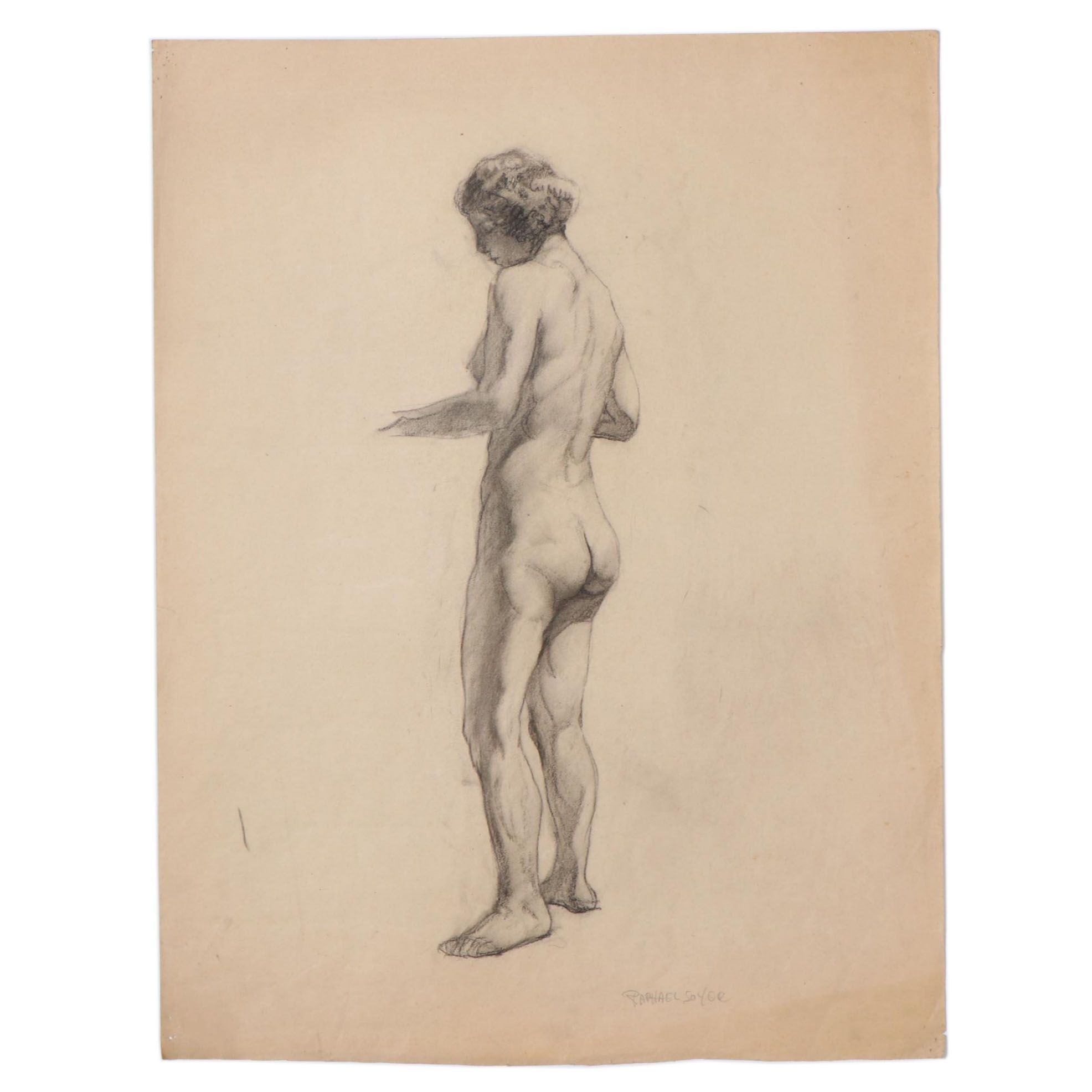 Raphael Soyer Conté Crayon Drawing of Standing Nude