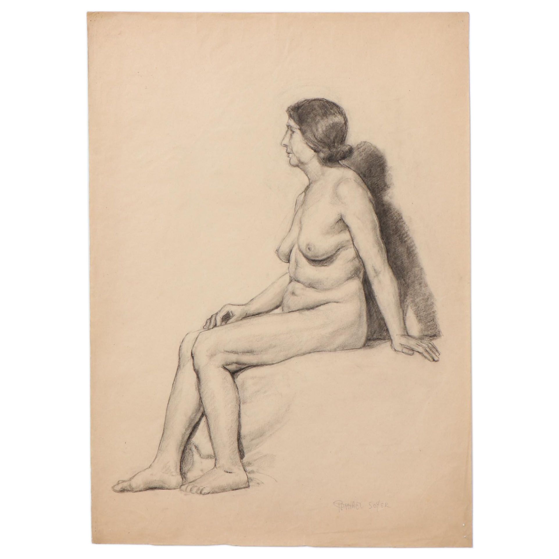Raphael Soyer Conté Crayon Drawing of Seated Nude