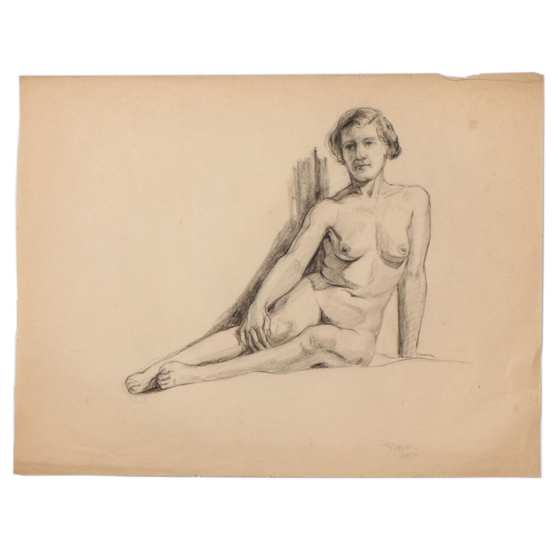 Raphael Soyer Conté Crayon Drawing of Reclining Nude