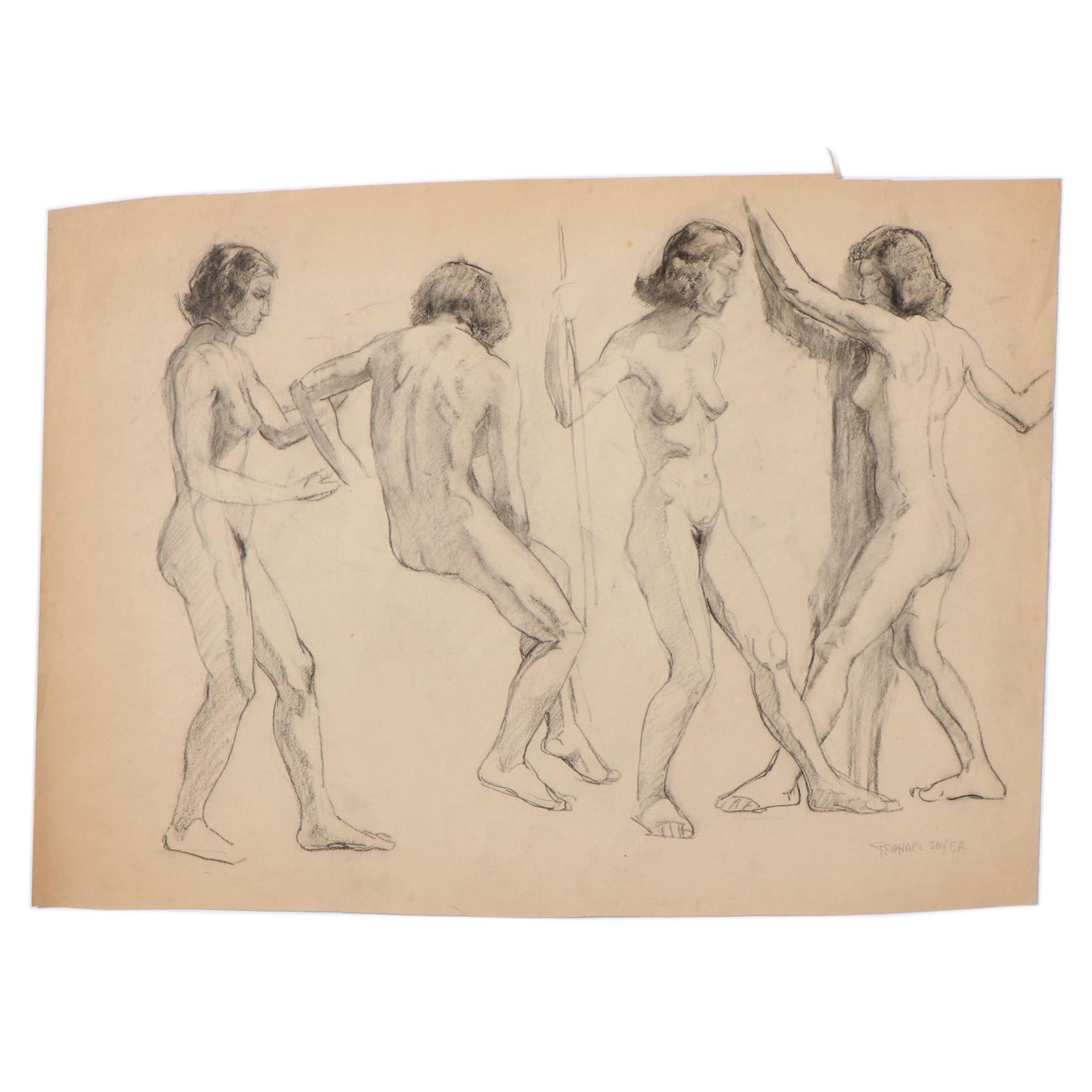 Raphael Soyer Conté Crayon Drawing of Standing Nudes