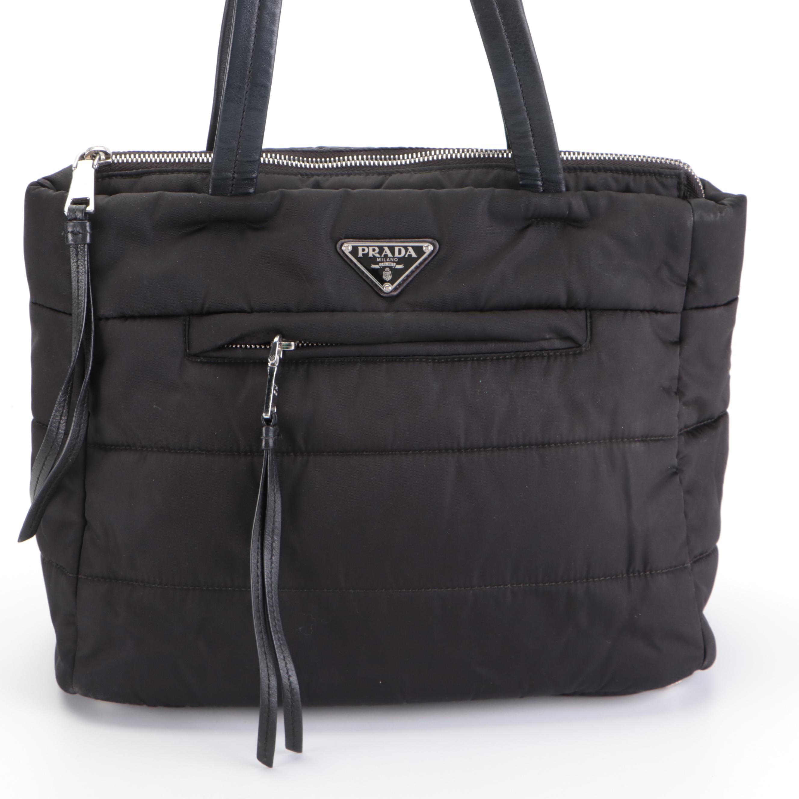 Prada Front-Pocket Shoulder Bag in Black Tessuto Nylon and Leather