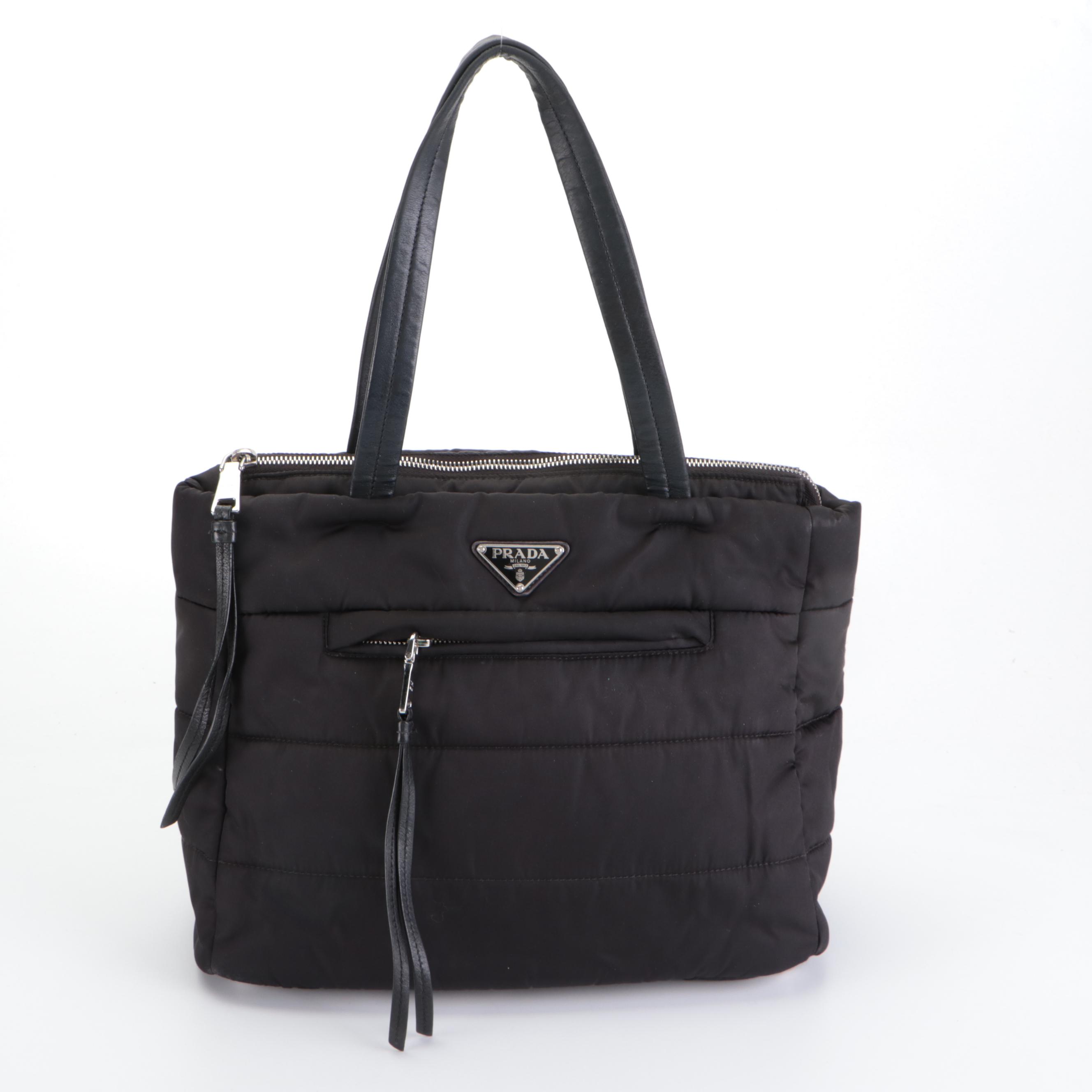 Prada Front-Pocket Shoulder Bag in Black Tessuto Nylon and Leather