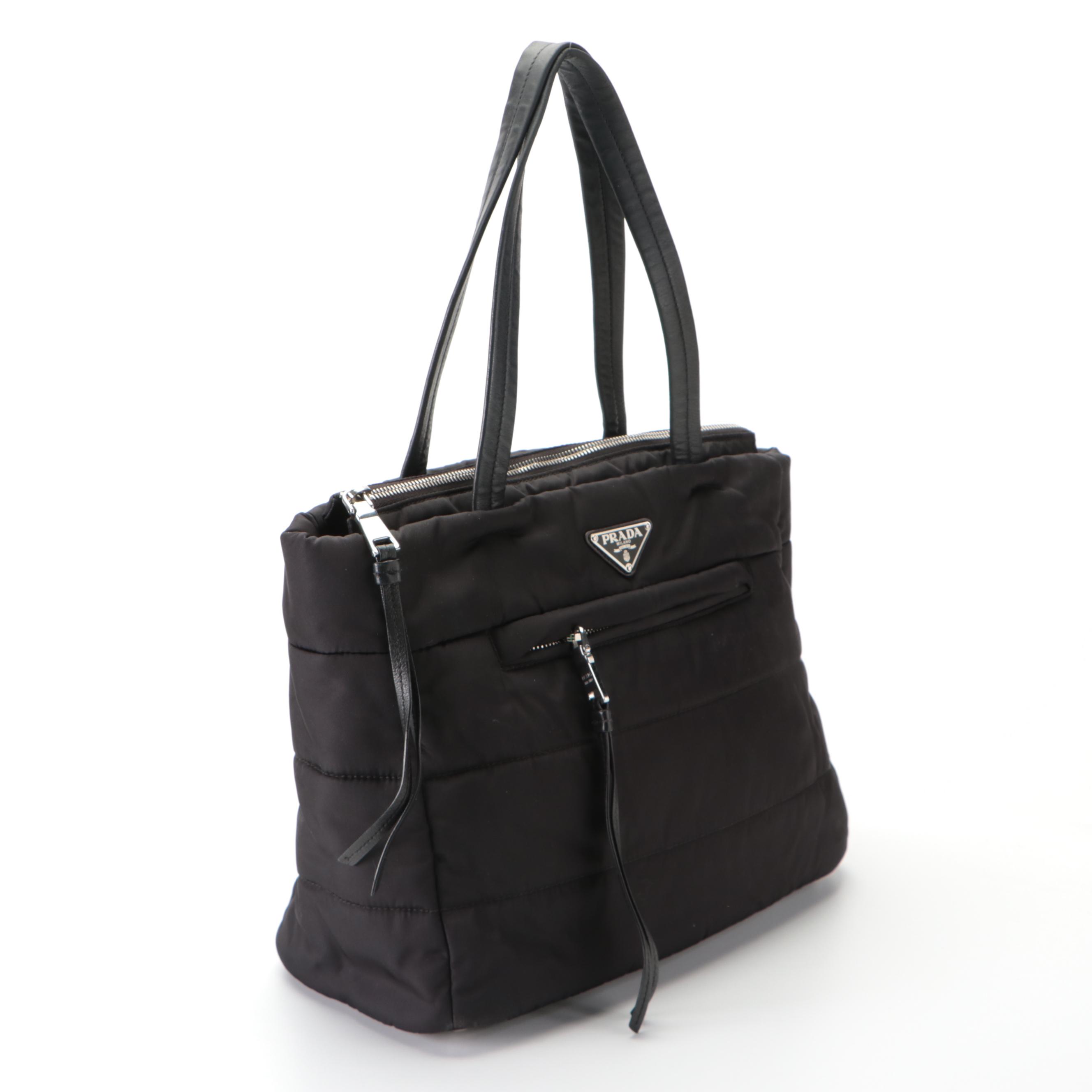 Prada Front-Pocket Shoulder Bag in Black Tessuto Nylon and Leather