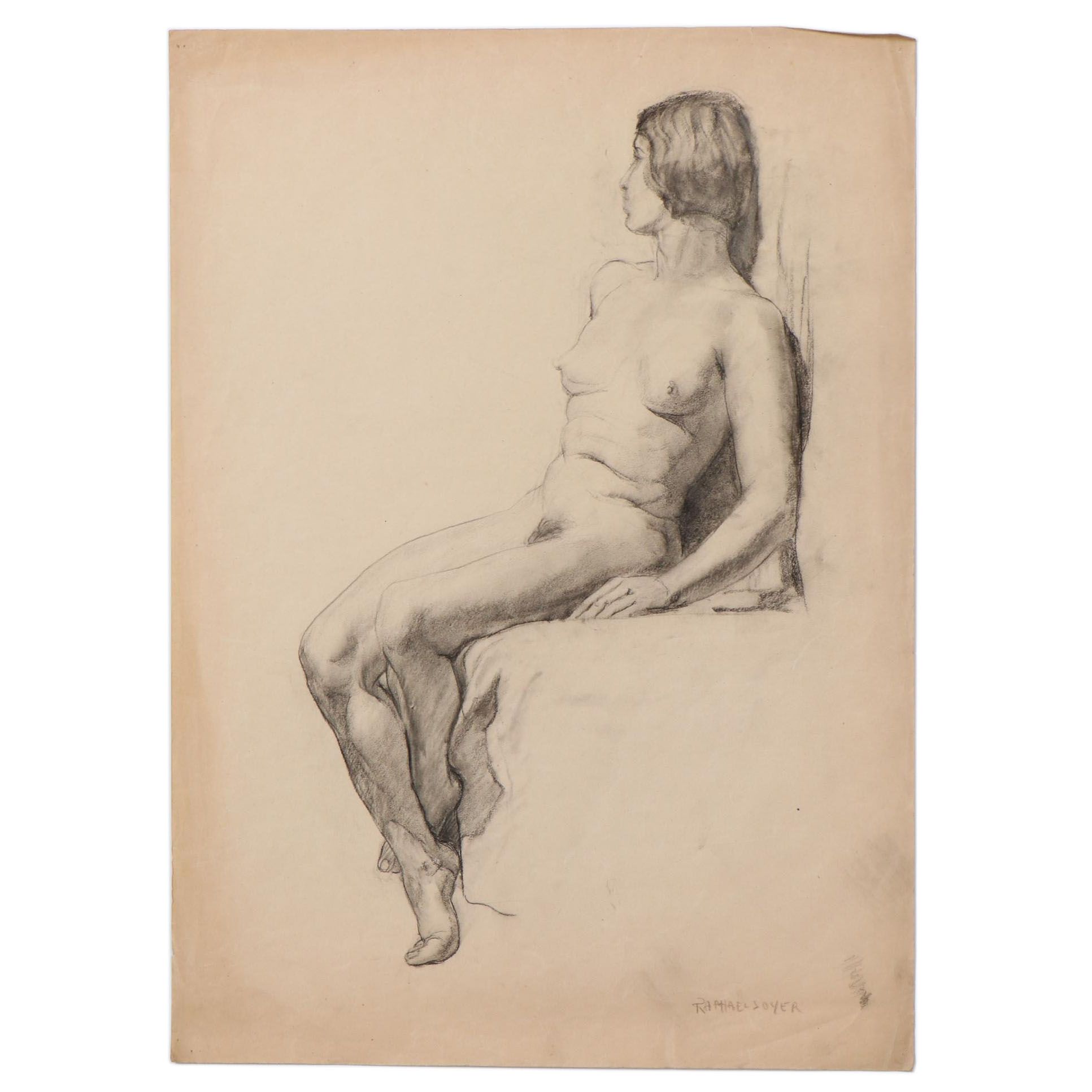 Raphael Soyer Conté Crayon Drawing of Seated Nude
