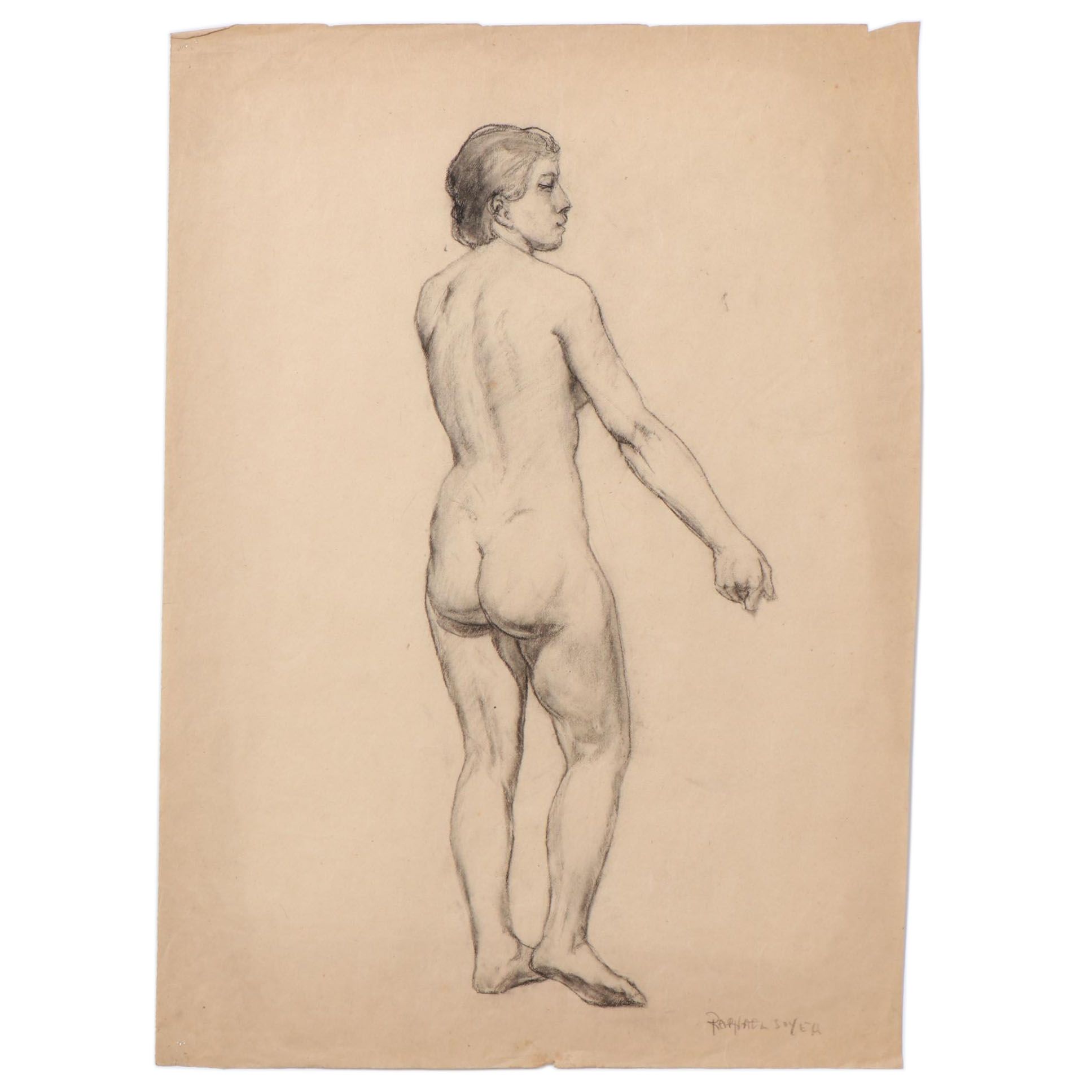 Raphael Soyer Conté Crayon Drawing of Standing Nude