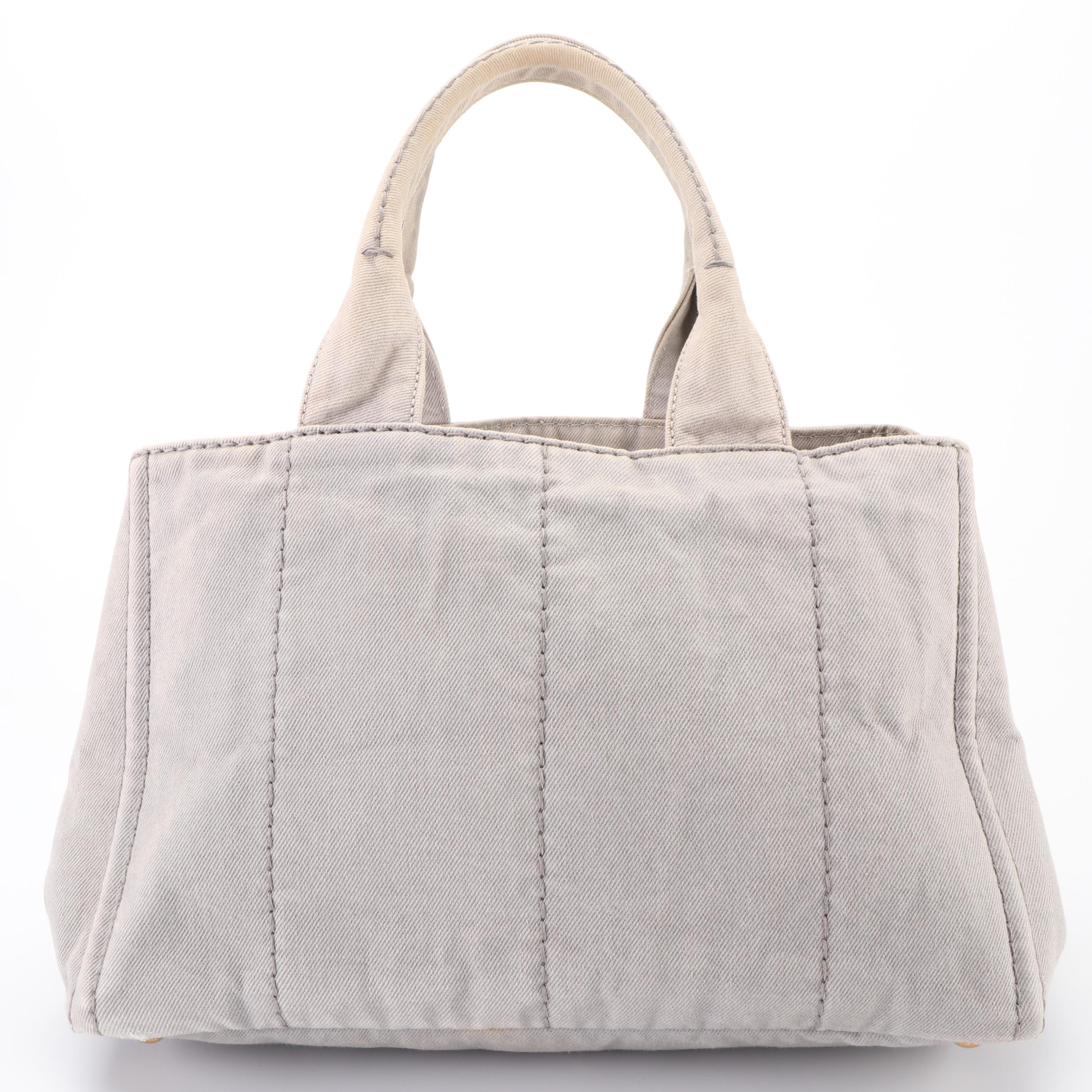 Prada Canapa Logo Print Small Tote in Light Grey Denim