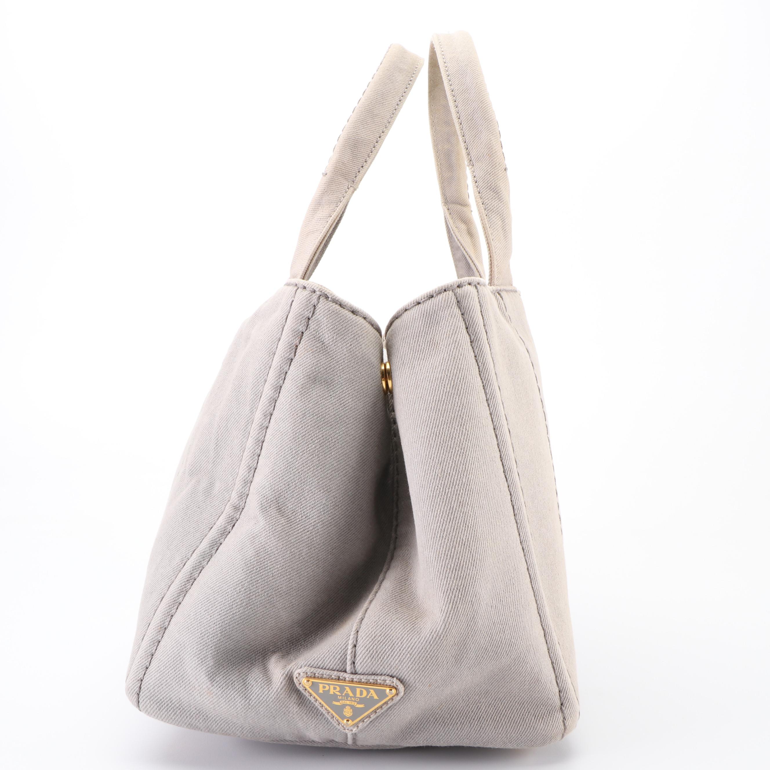 Prada Canapa Logo Print Small Tote in Light Grey Denim