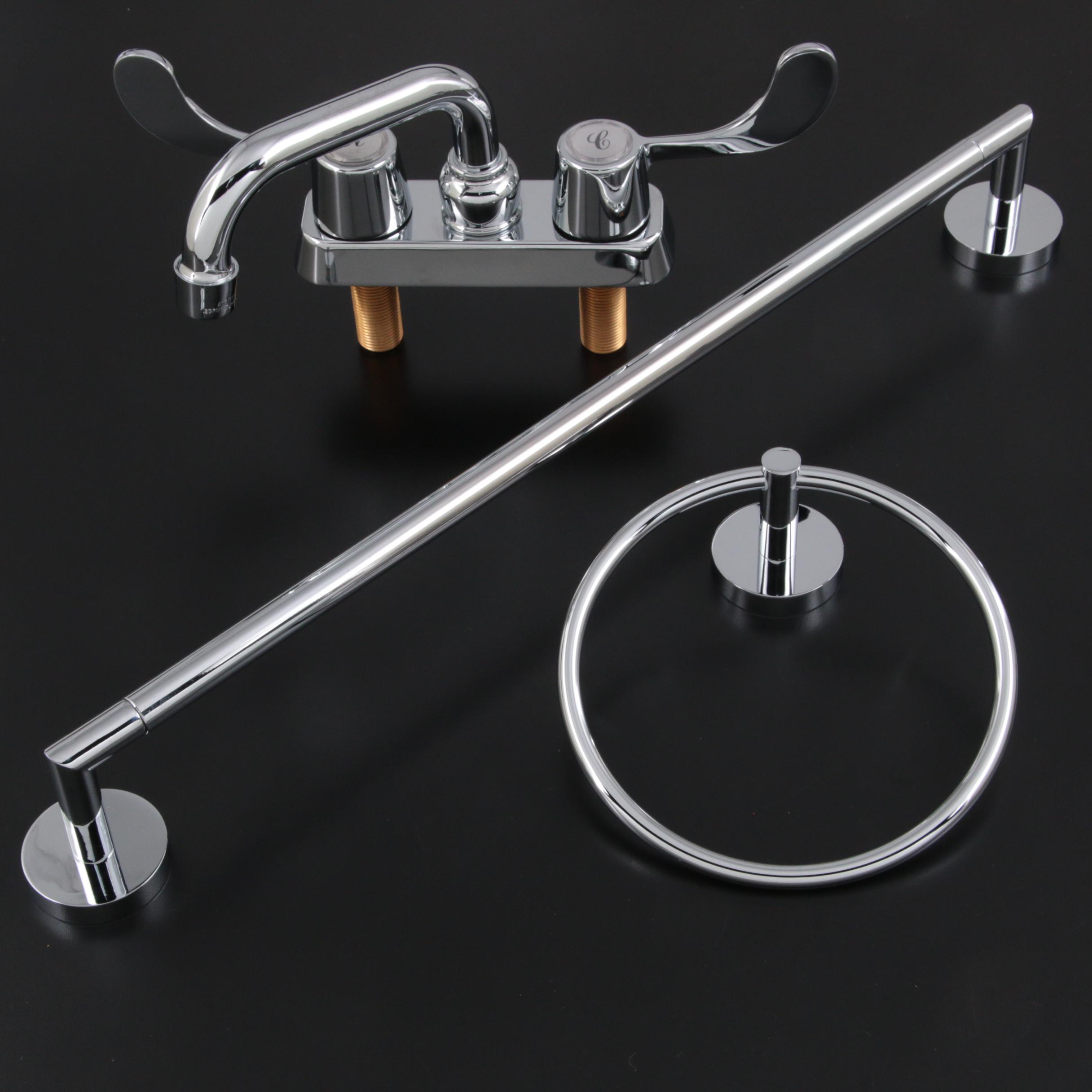 Chrome Towel Ring, 18" Towel Bar, Two-Handle Handicap Laundry Tray Faucet