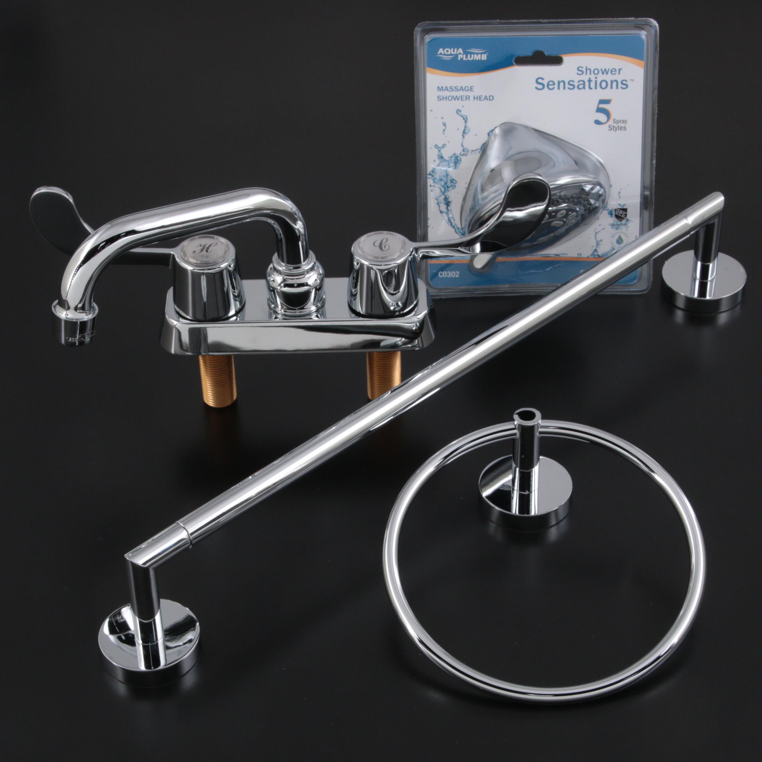 Chrome Two-Handle Handicap Laundry Tray Faucet, Showerhead, Towel Bar, Ring