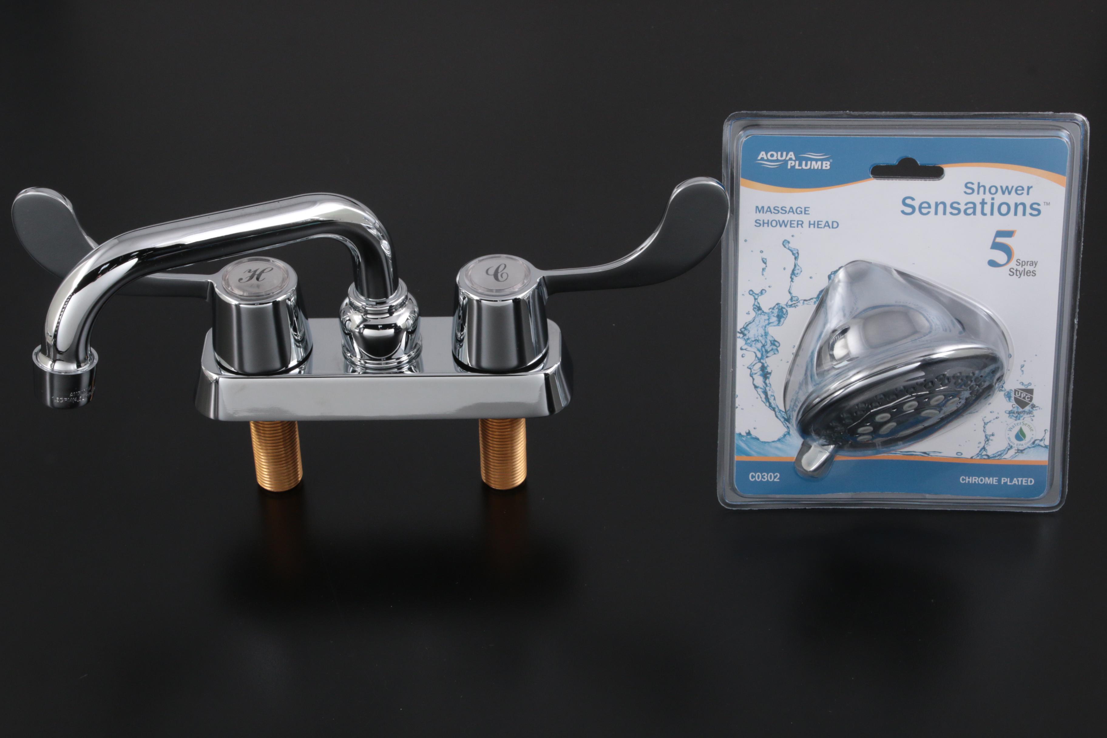 Chrome Two-Handle Handicap Laundry Tray Faucet, Showerhead, Towel Bar, Ring