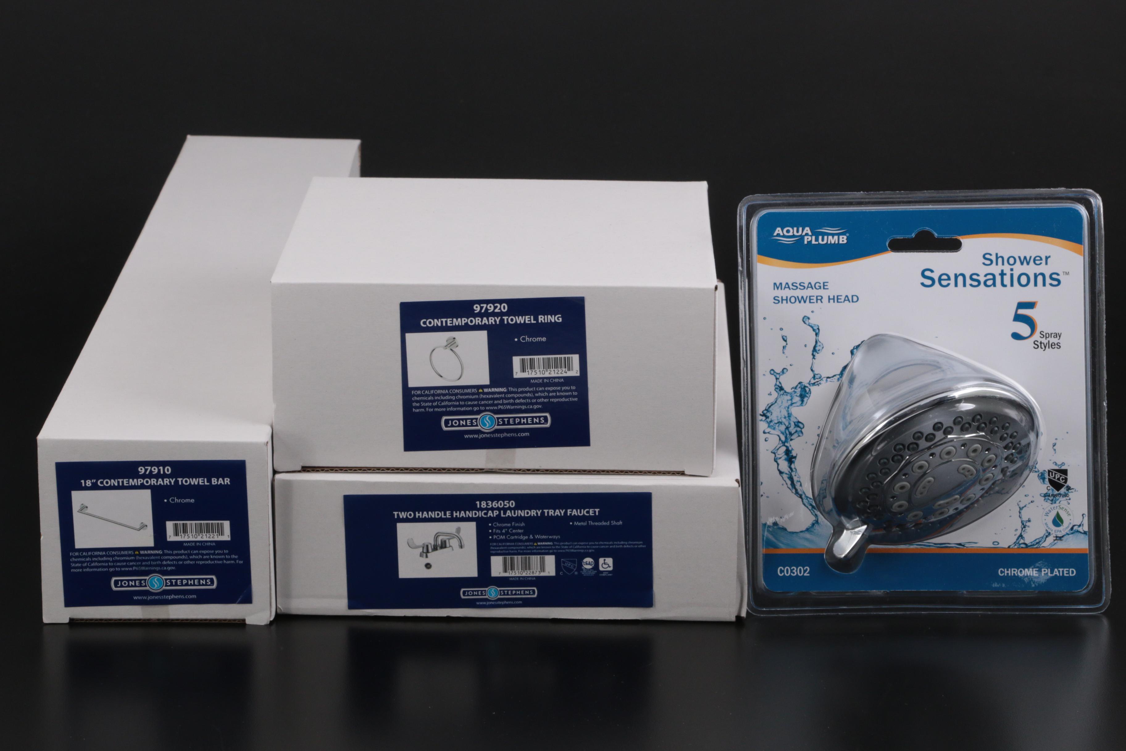 Chrome Two-Handle Handicap Laundry Tray Faucet, Showerhead, Towel Bar, Ring