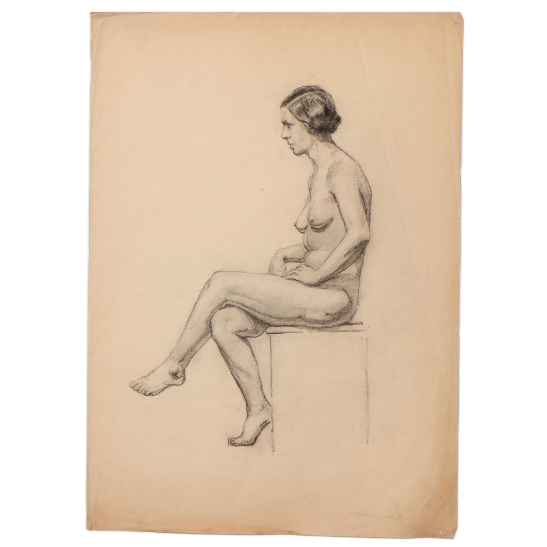 Raphael Soyer Conté Crayon Drawing of Seated Nude