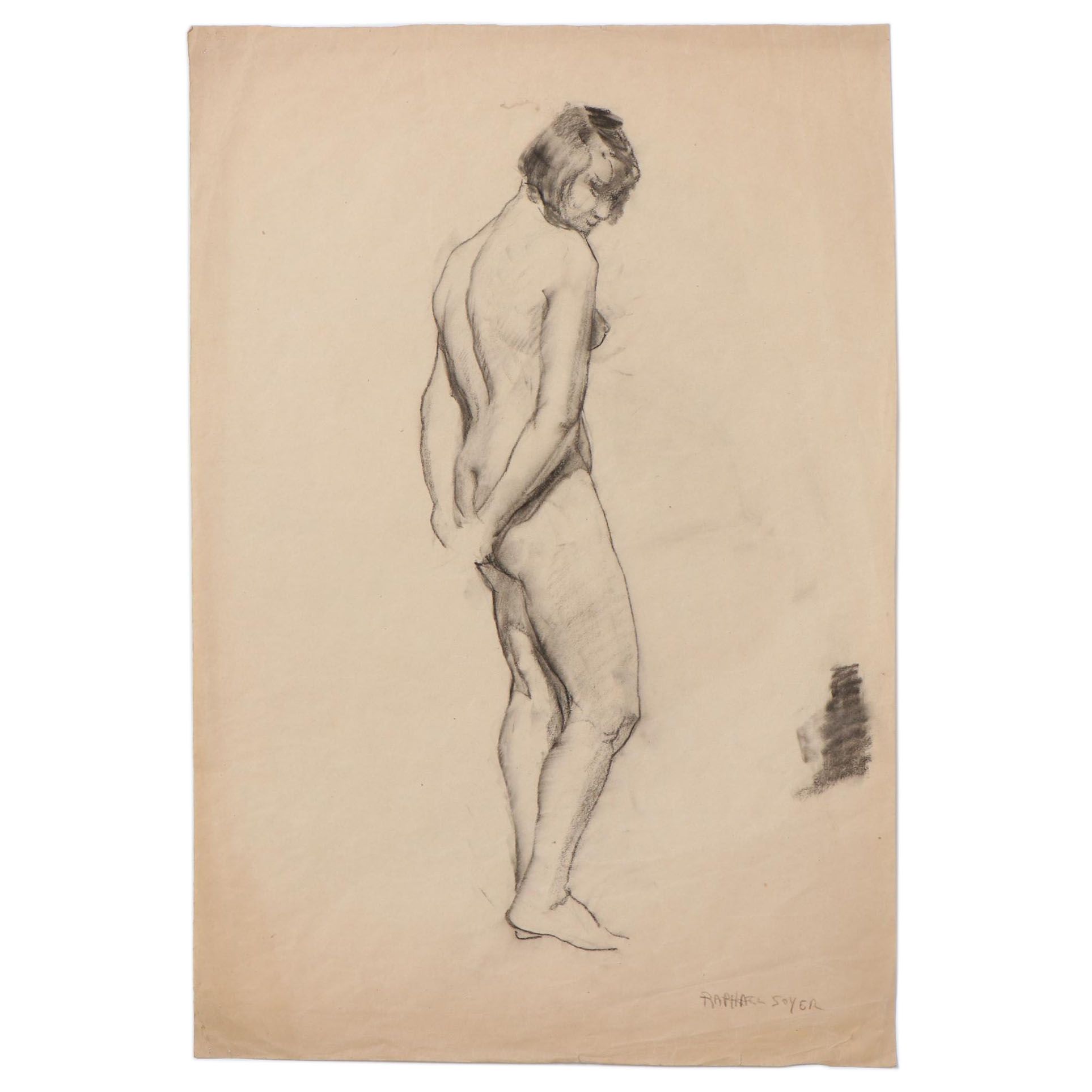 Raphael Soyer Conté Crayon Drawing of Standing Nude
