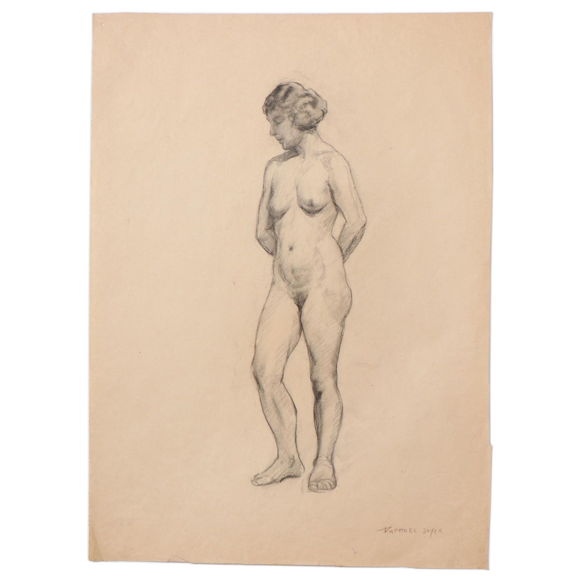 Raphael Soyer Conté Crayon Drawing of Standing Nude