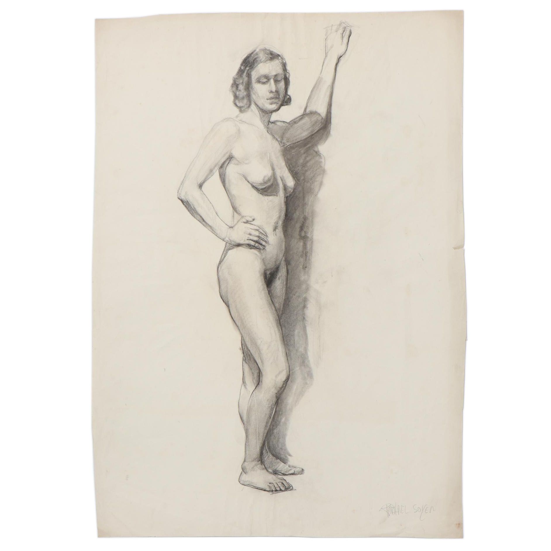Raphael Soyer Conté Crayon Drawing of Standing Nude