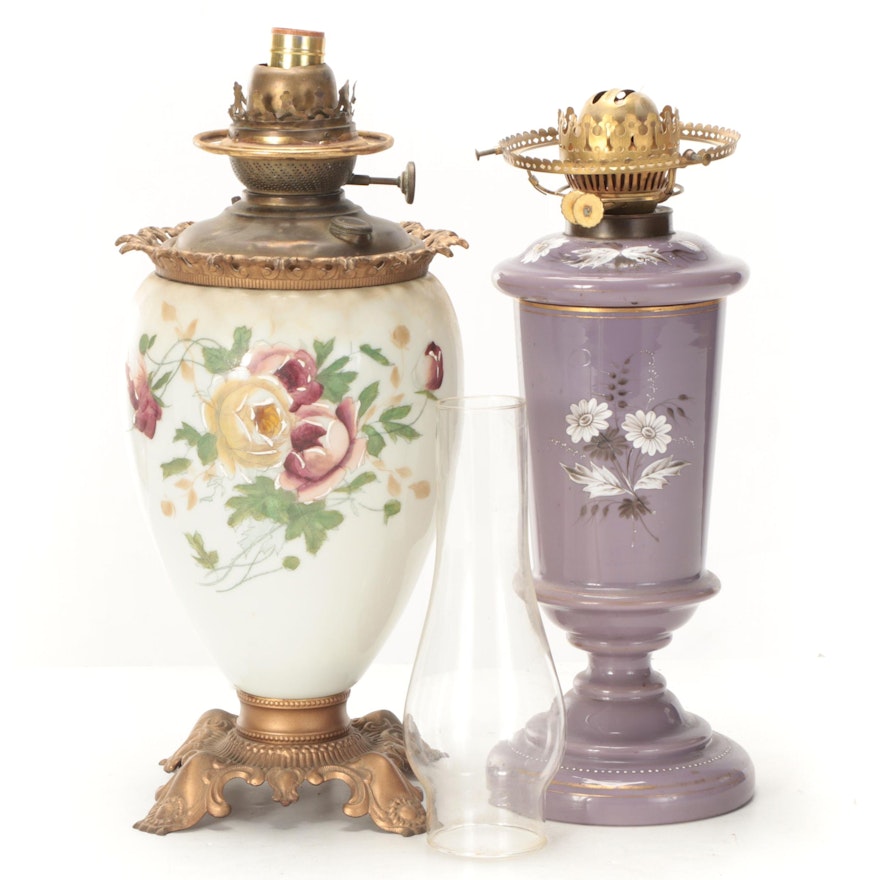 PG & Co and Other Hand-Painted Glass Oil Lamps, One Converted, Early/Mid 20th C