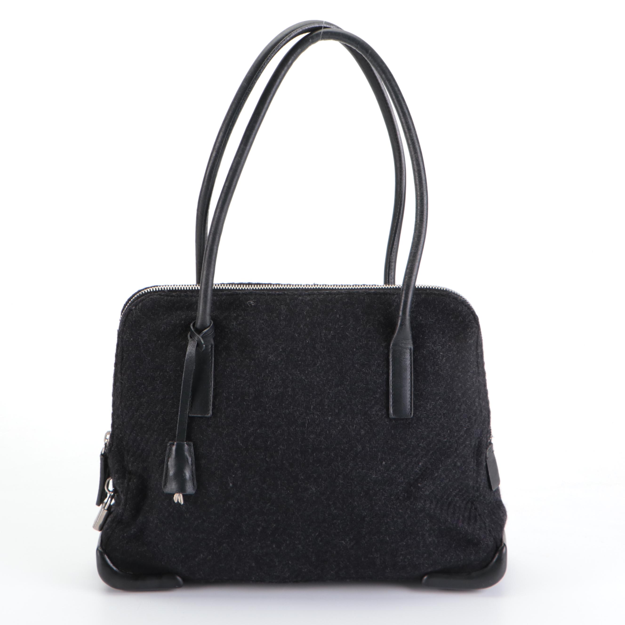 Prada Black Wool and Leather Shoulder Bag