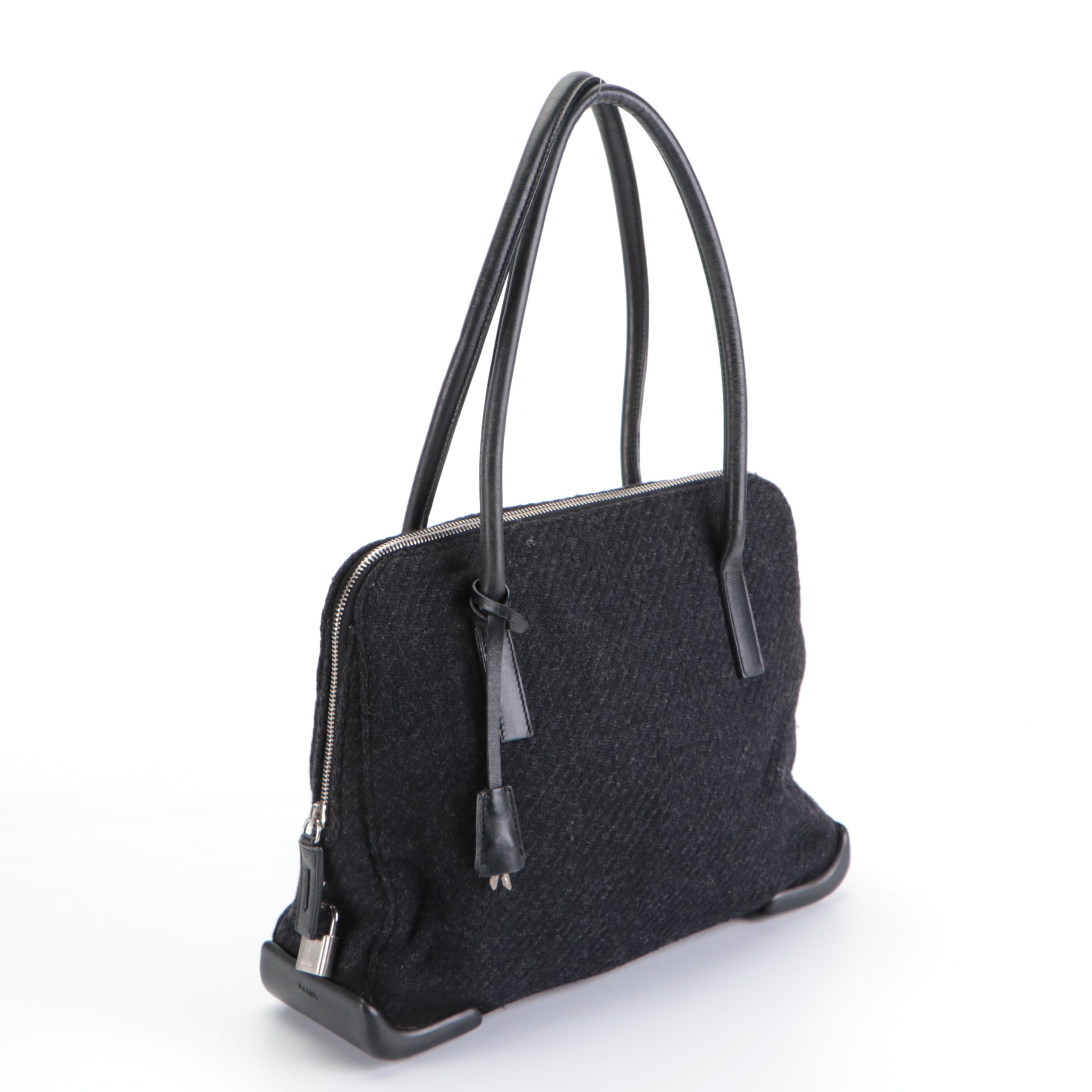 Prada Black Wool and Leather Shoulder Bag