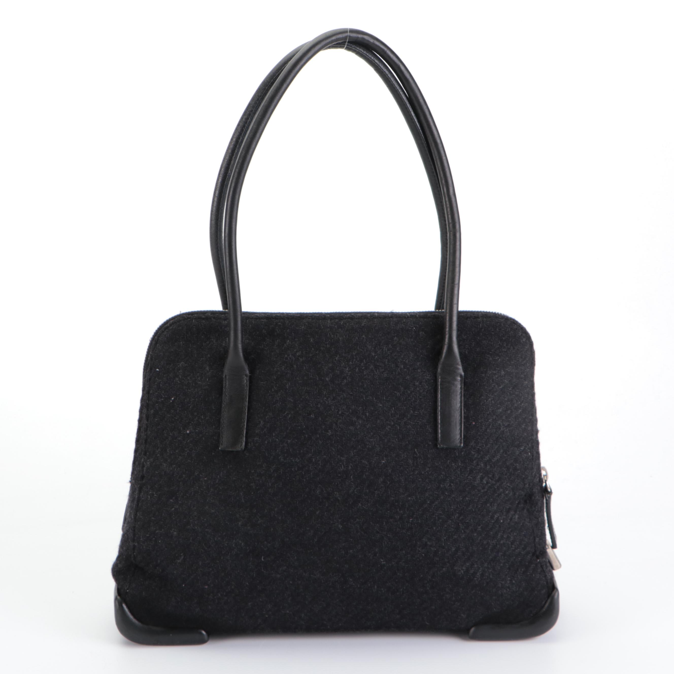 Prada Black Wool and Leather Shoulder Bag