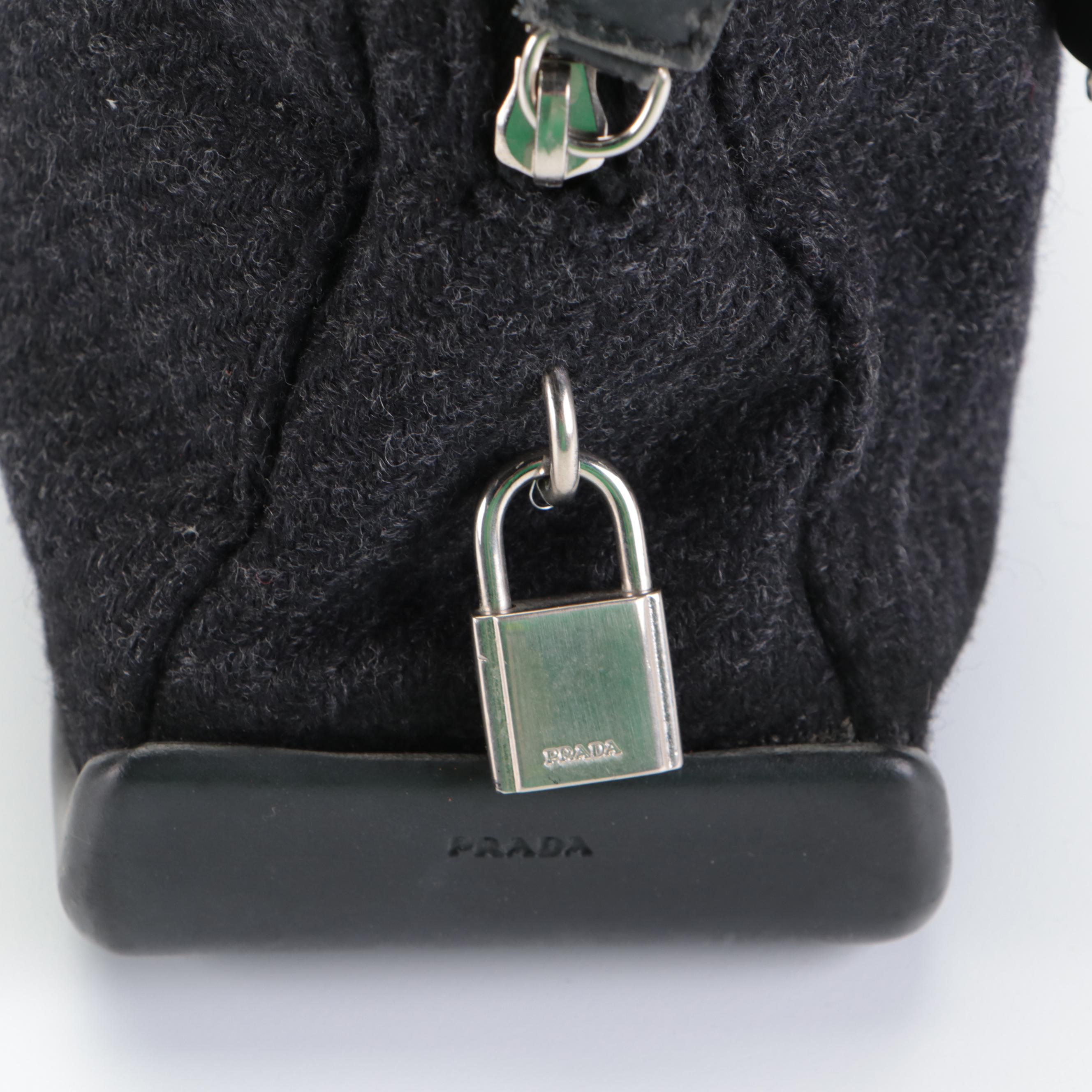 Prada Black Wool and Leather Shoulder Bag