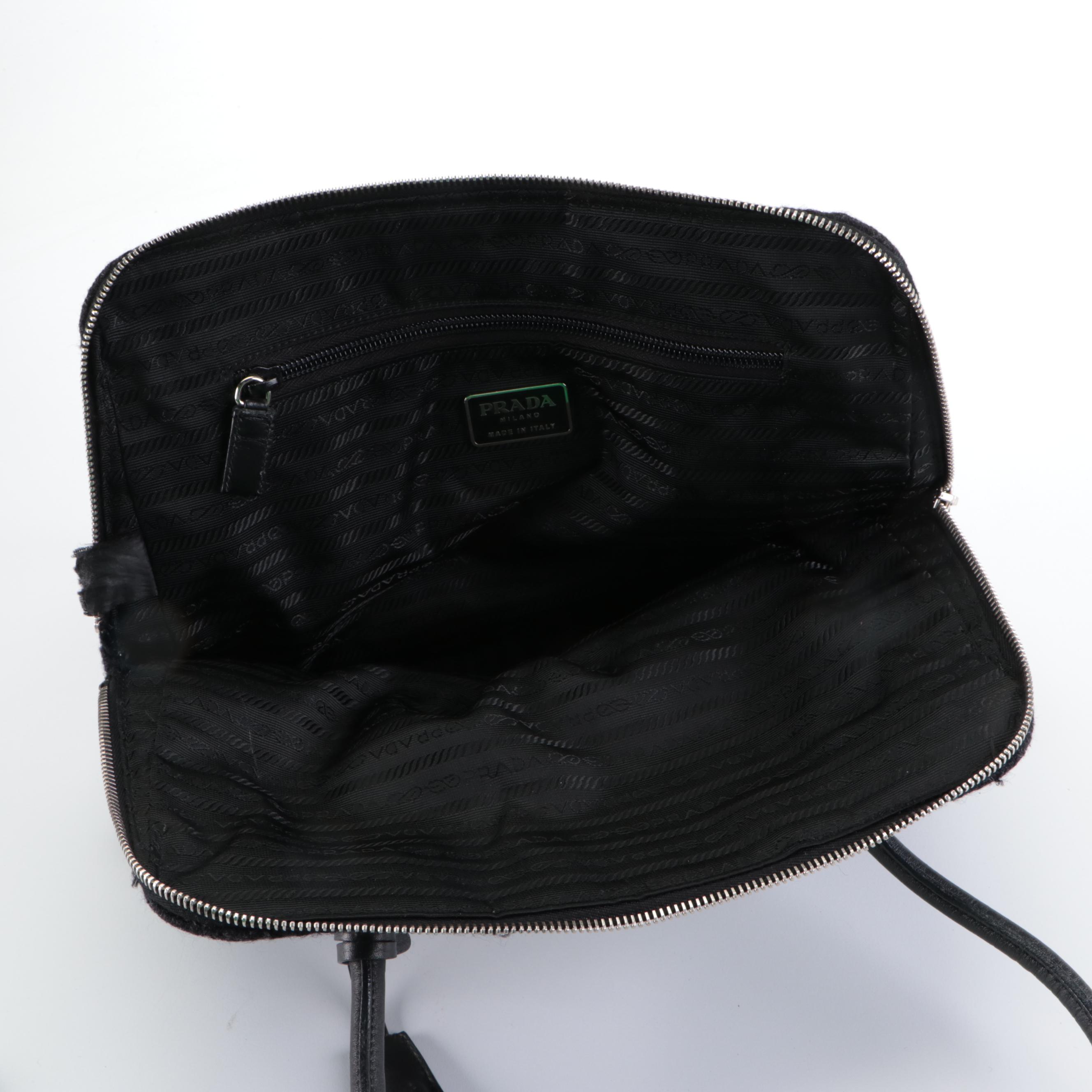 Prada Black Wool and Leather Shoulder Bag