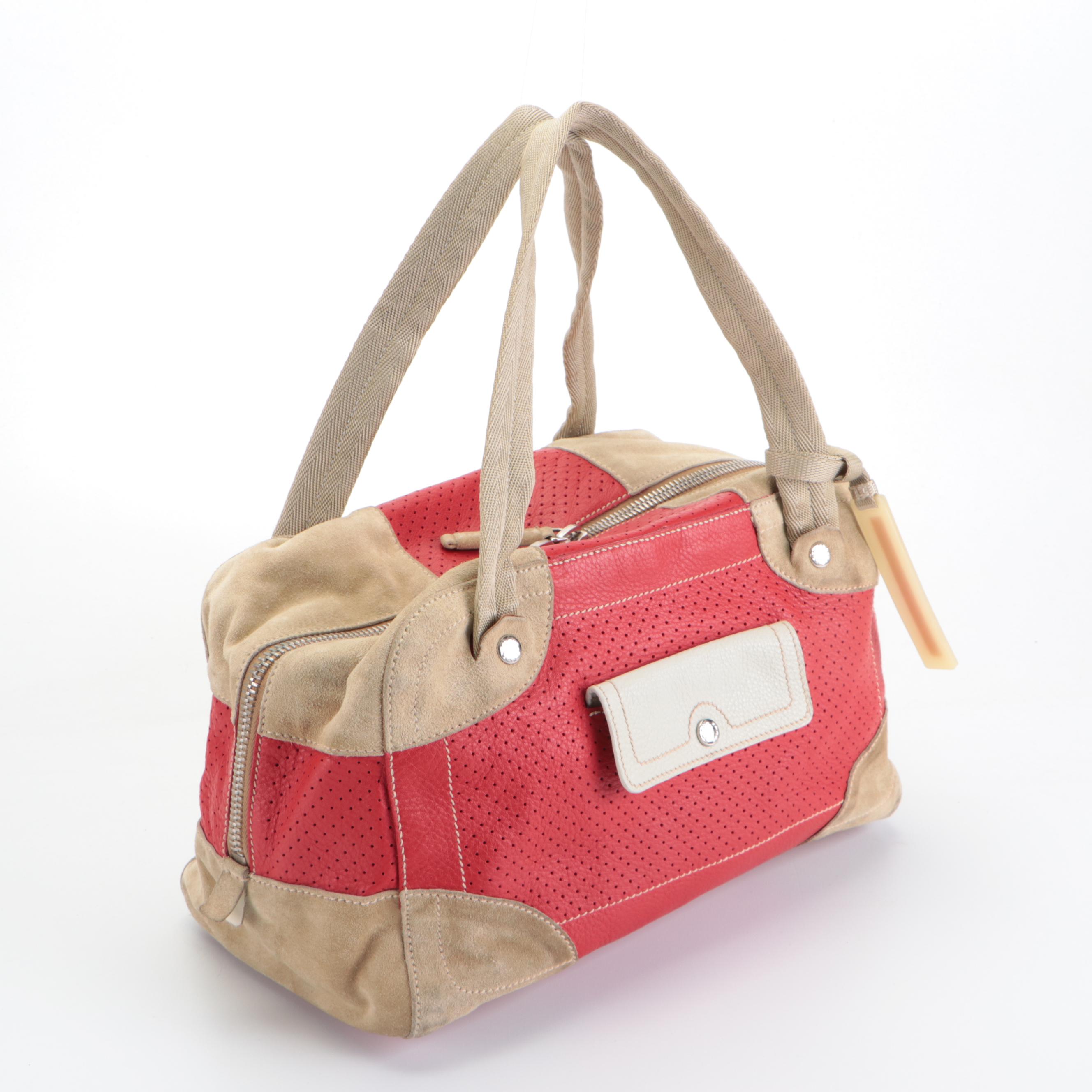 Prada Tricolor Suede and Perforated Grained Leather Shoulder Bag