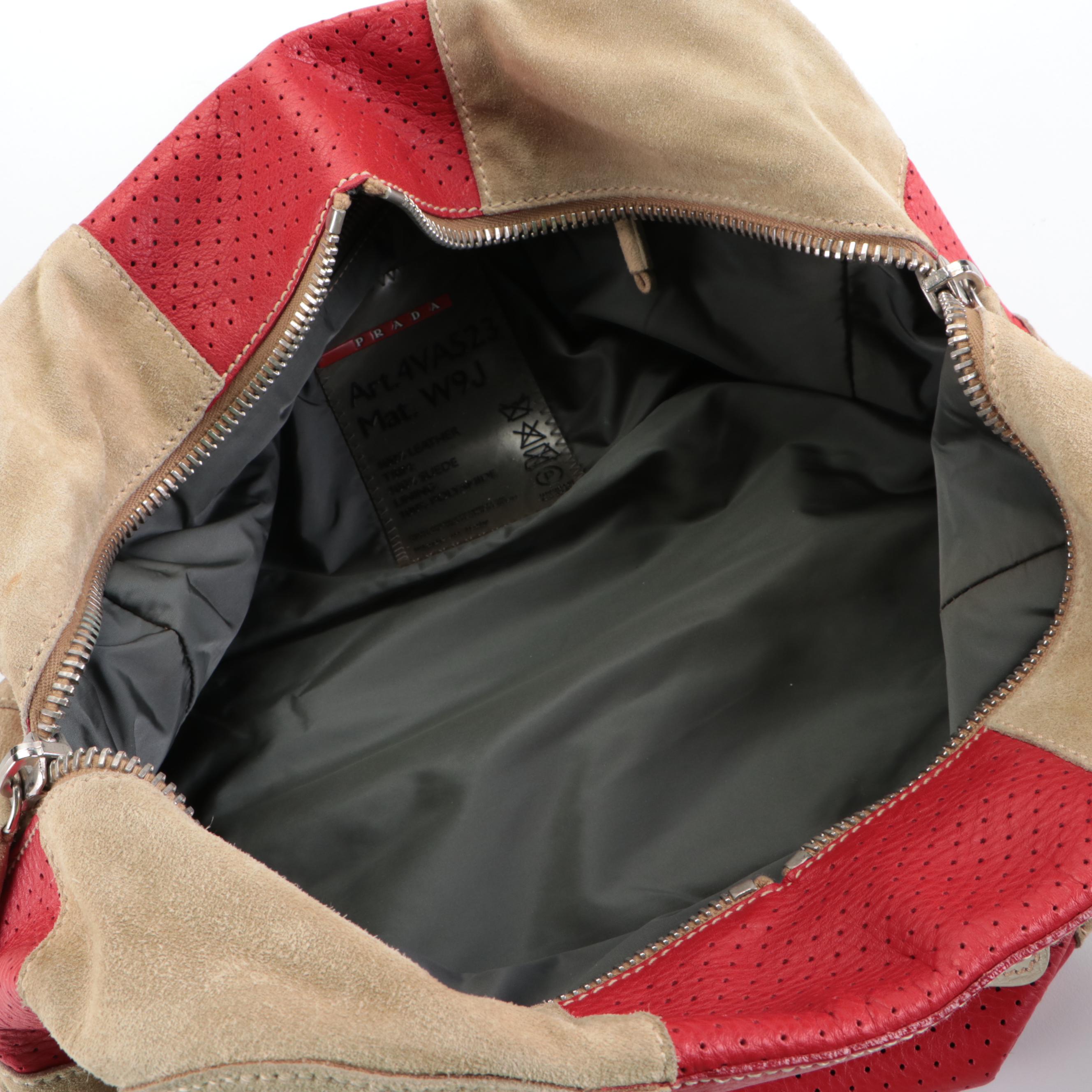Prada Tricolor Suede and Perforated Grained Leather Shoulder Bag