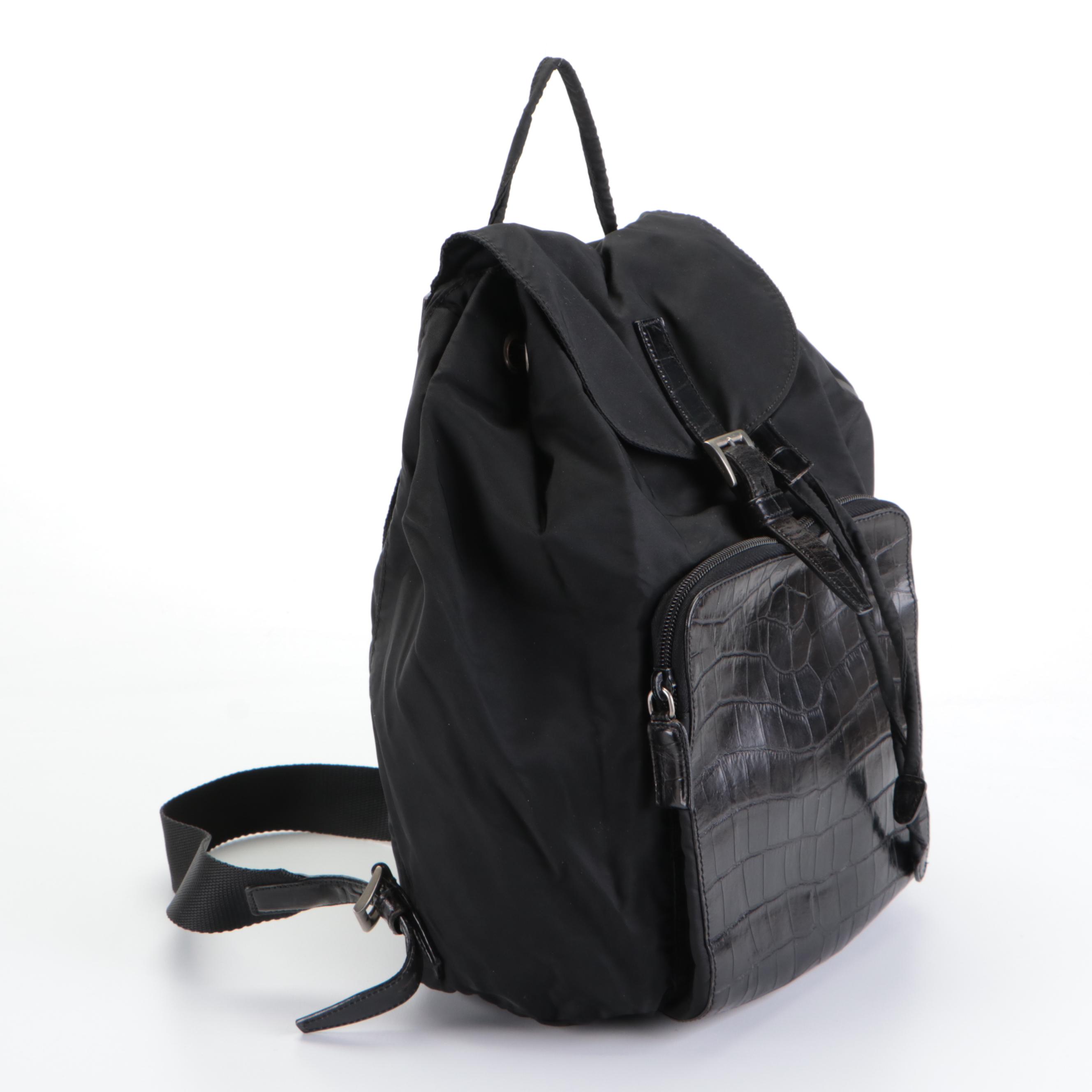Prada Tessuto Backpack in Black Nylon with Croco Embossed Leather