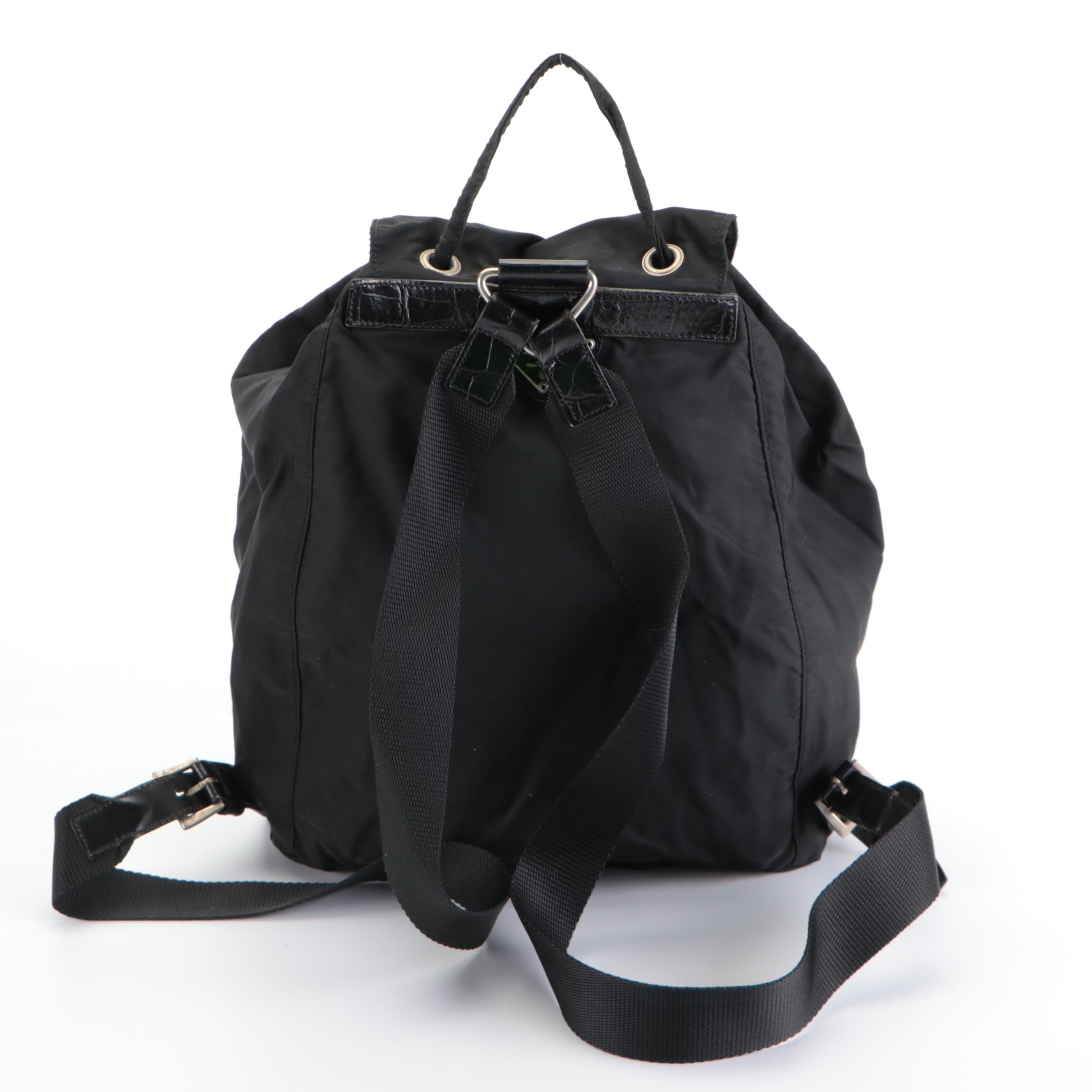 Prada Tessuto Backpack in Black Nylon with Croco Embossed Leather