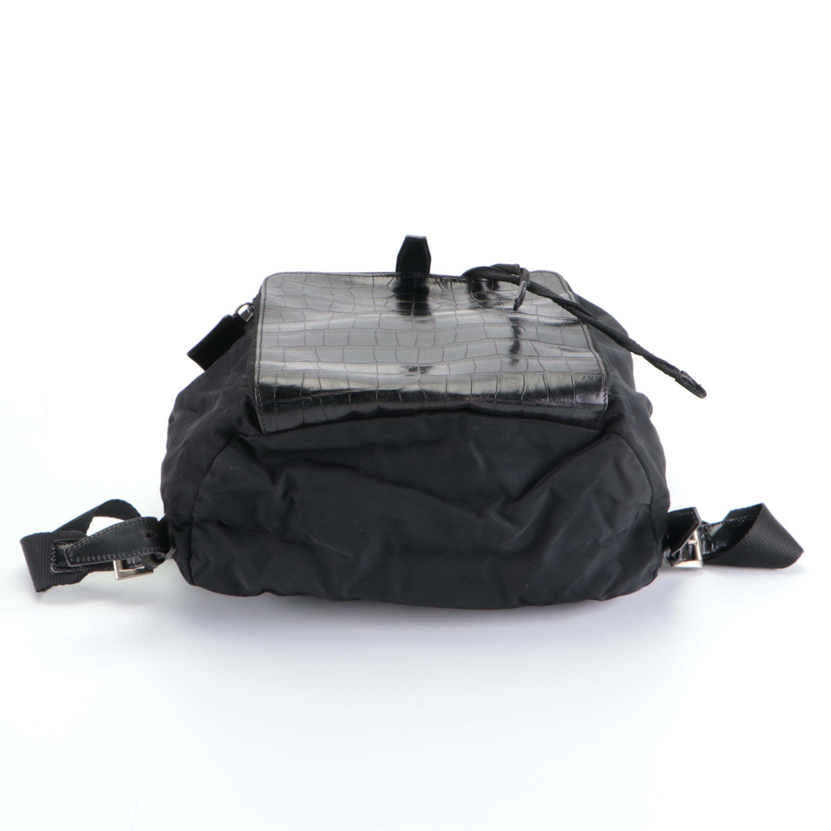Prada Tessuto Backpack in Black Nylon with Croco Embossed Leather