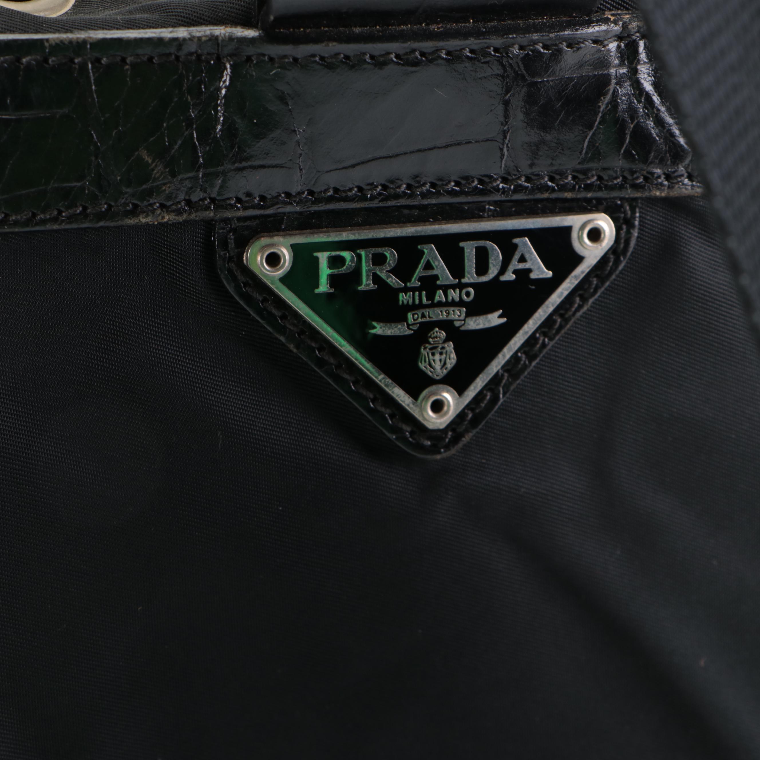 Prada Tessuto Backpack in Black Nylon with Croco Embossed Leather