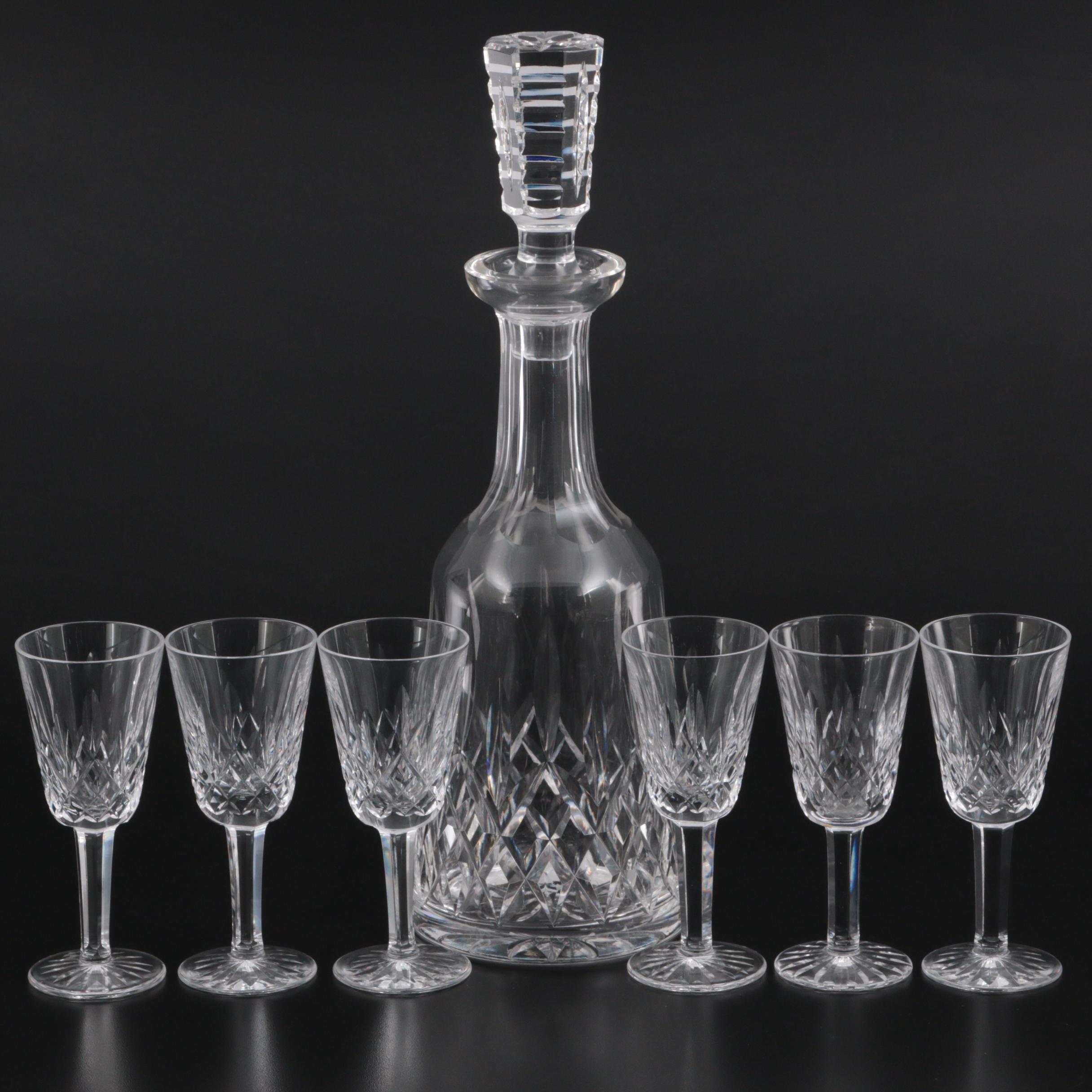 Waterford Crystal "Lismore" Wine Decanter with Stopper and Sherry Glasses