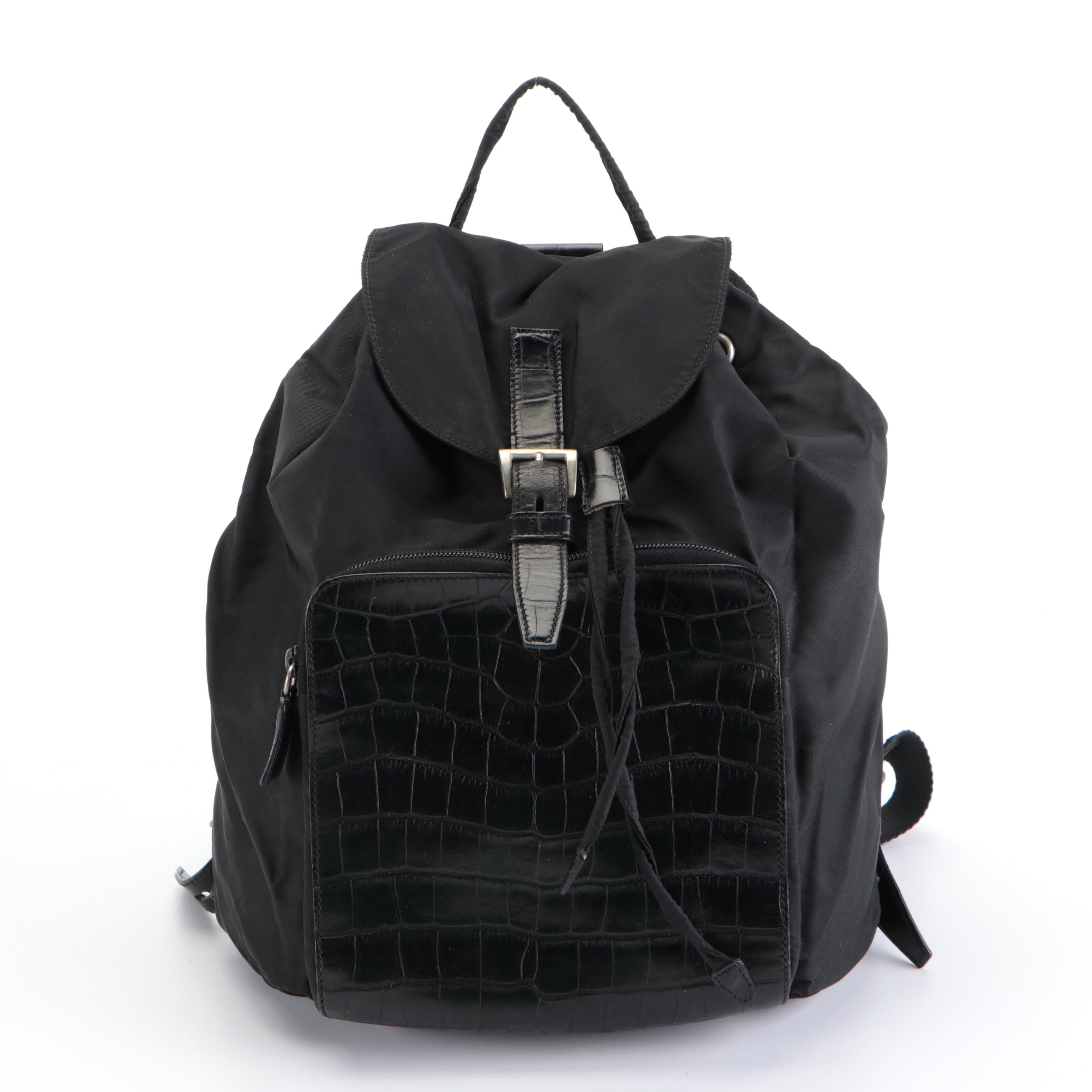 Prada Tessuto Backpack in Black Nylon with Croco Embossed Leather