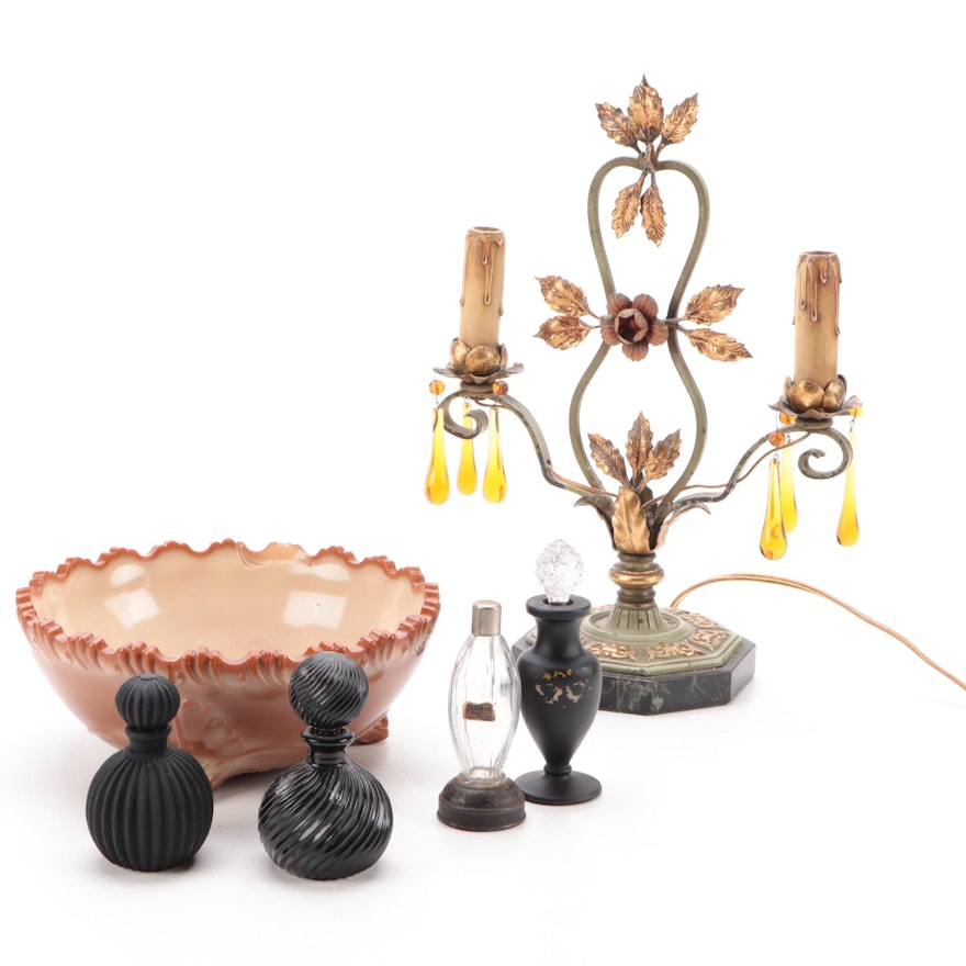 Gilt Metal Two-Arm Table Lamp with Glass Bowl and Perfume Bottles