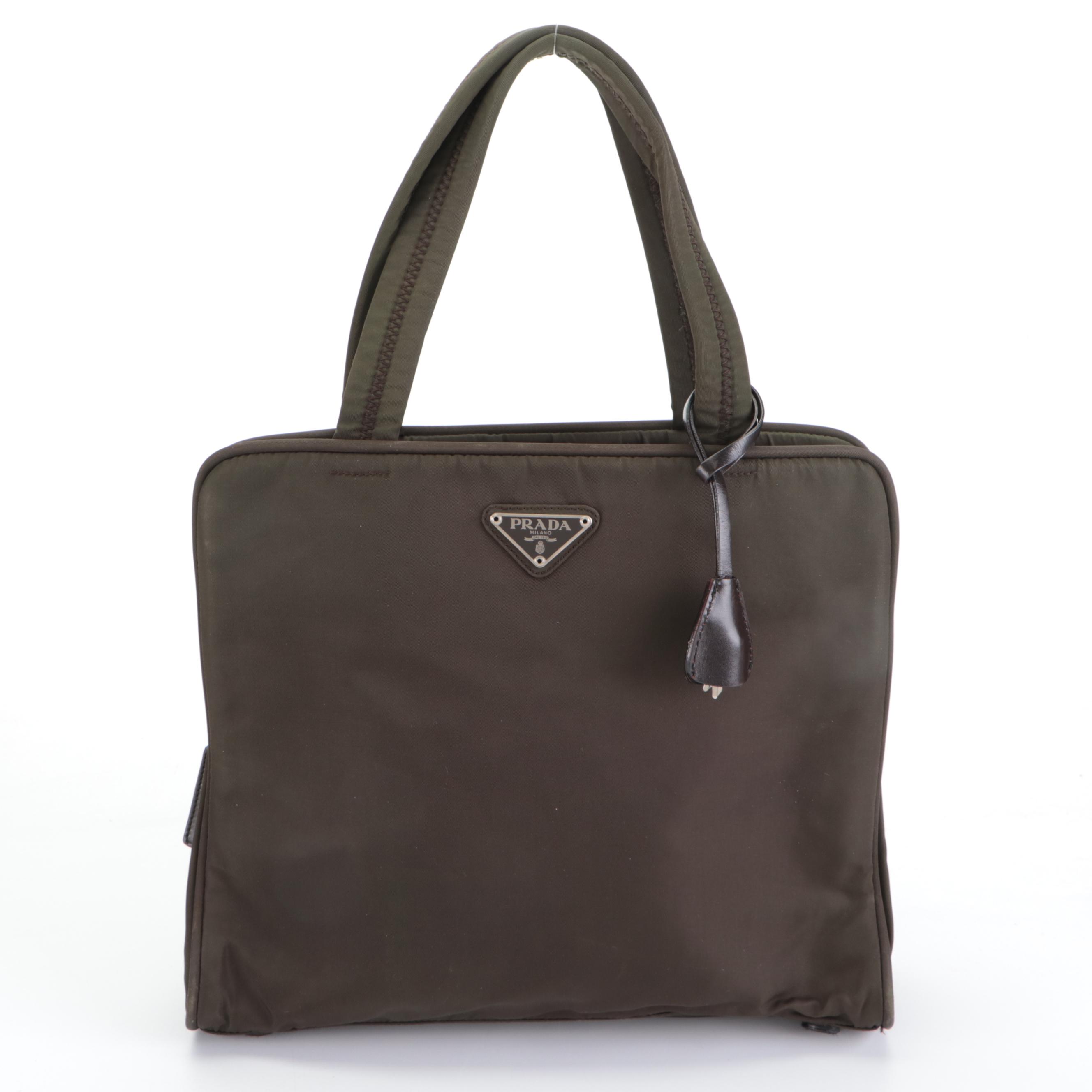 Prada Small Handbag in Olive Green Tessuto Nylon and Dark Brown Leather Trim