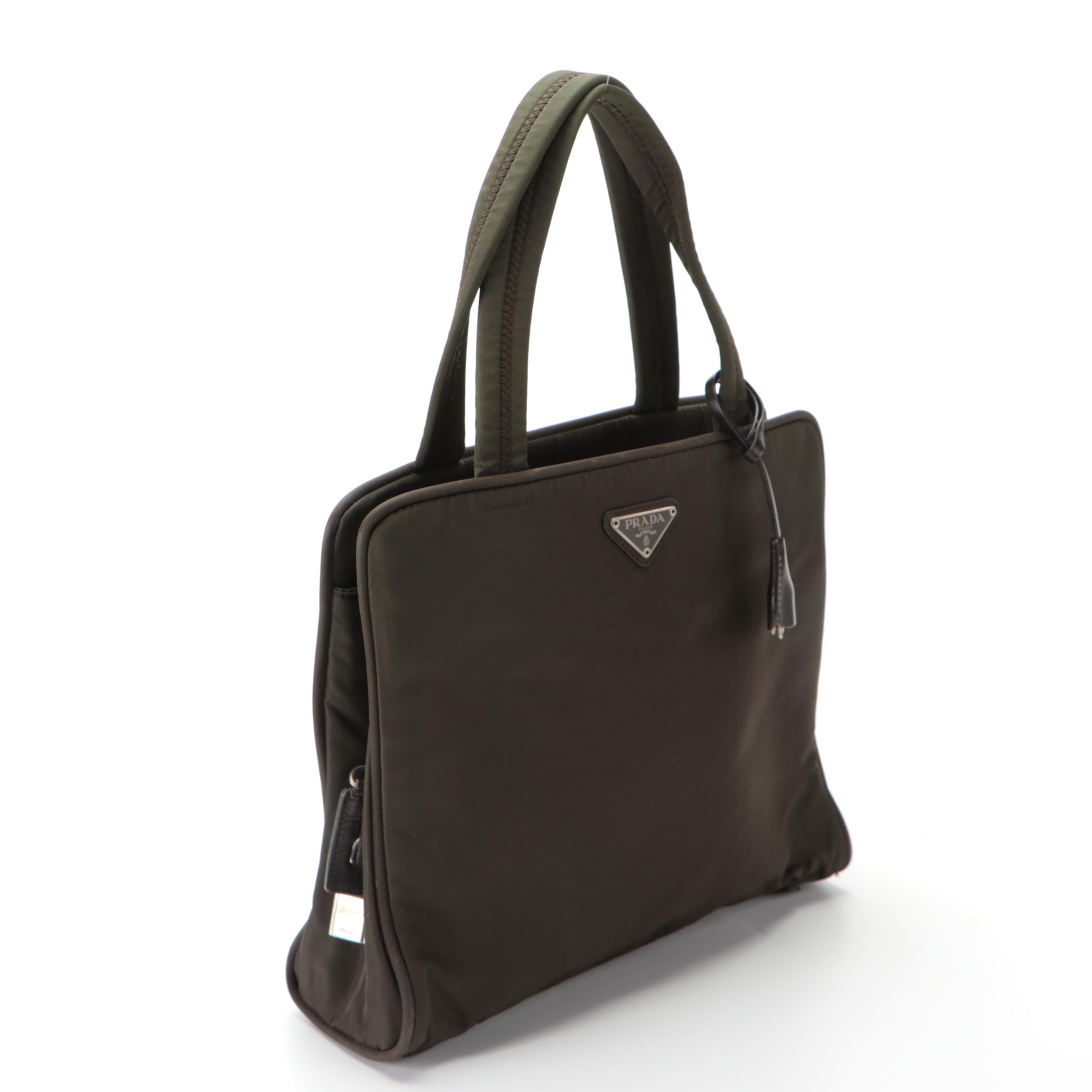 Prada Small Handbag in Olive Green Tessuto Nylon and Dark Brown Leather Trim
