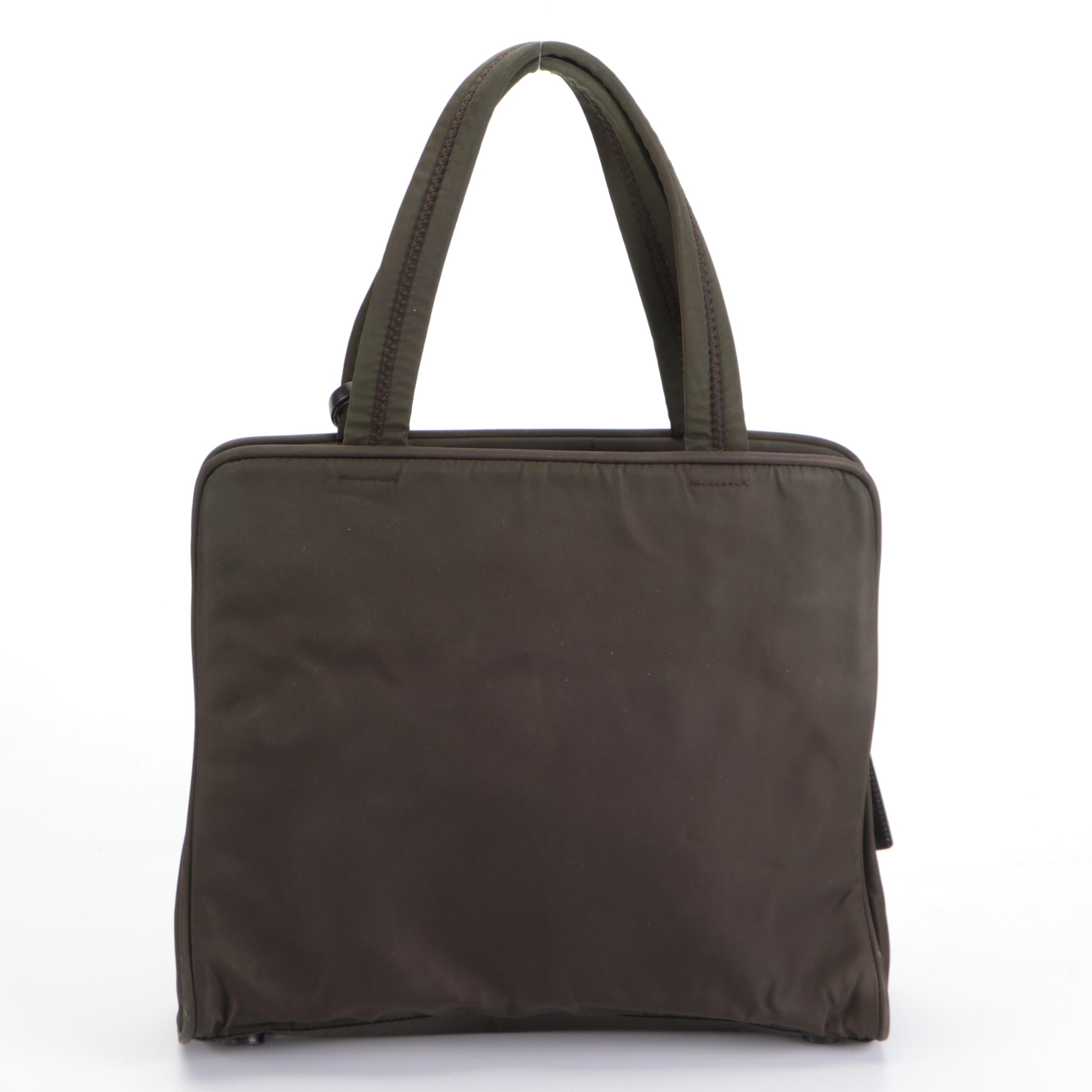 Prada Small Handbag in Olive Green Tessuto Nylon and Dark Brown Leather Trim