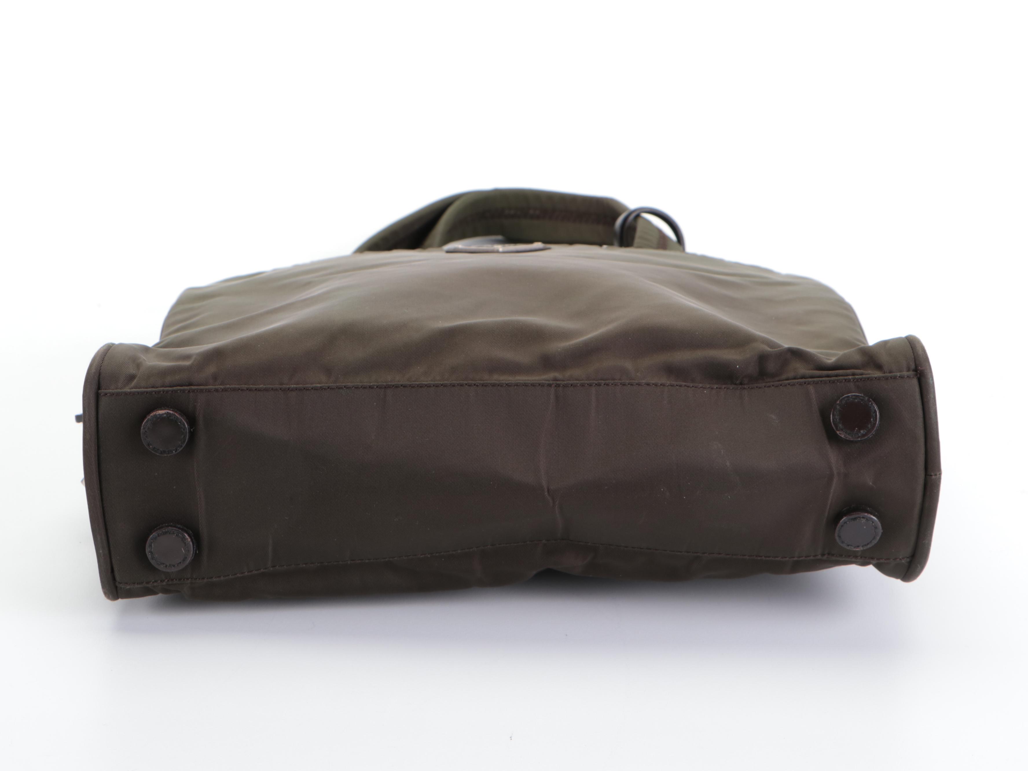 Prada Small Handbag in Olive Green Tessuto Nylon and Dark Brown Leather Trim