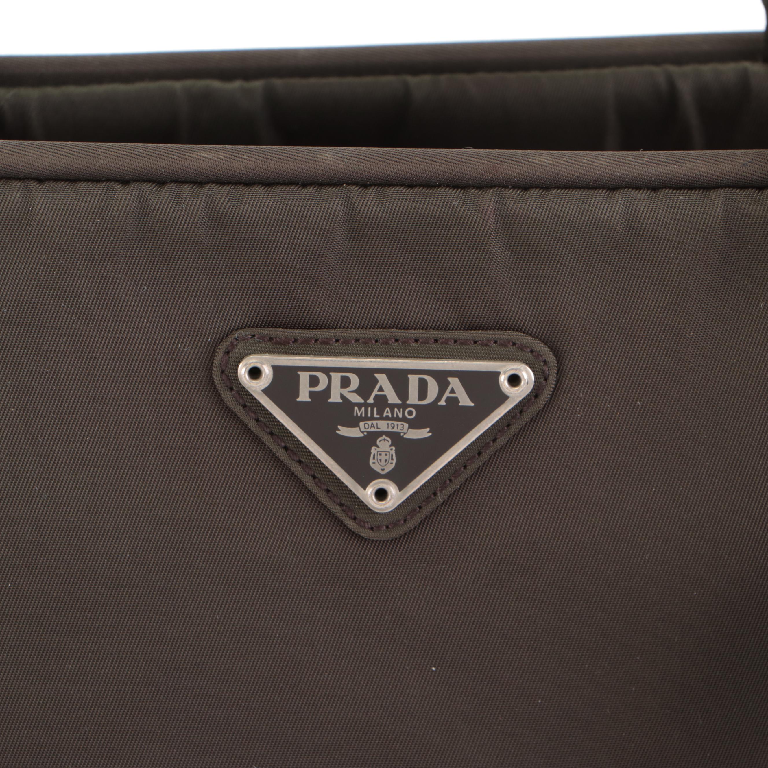 Prada Small Handbag in Olive Green Tessuto Nylon and Dark Brown Leather Trim