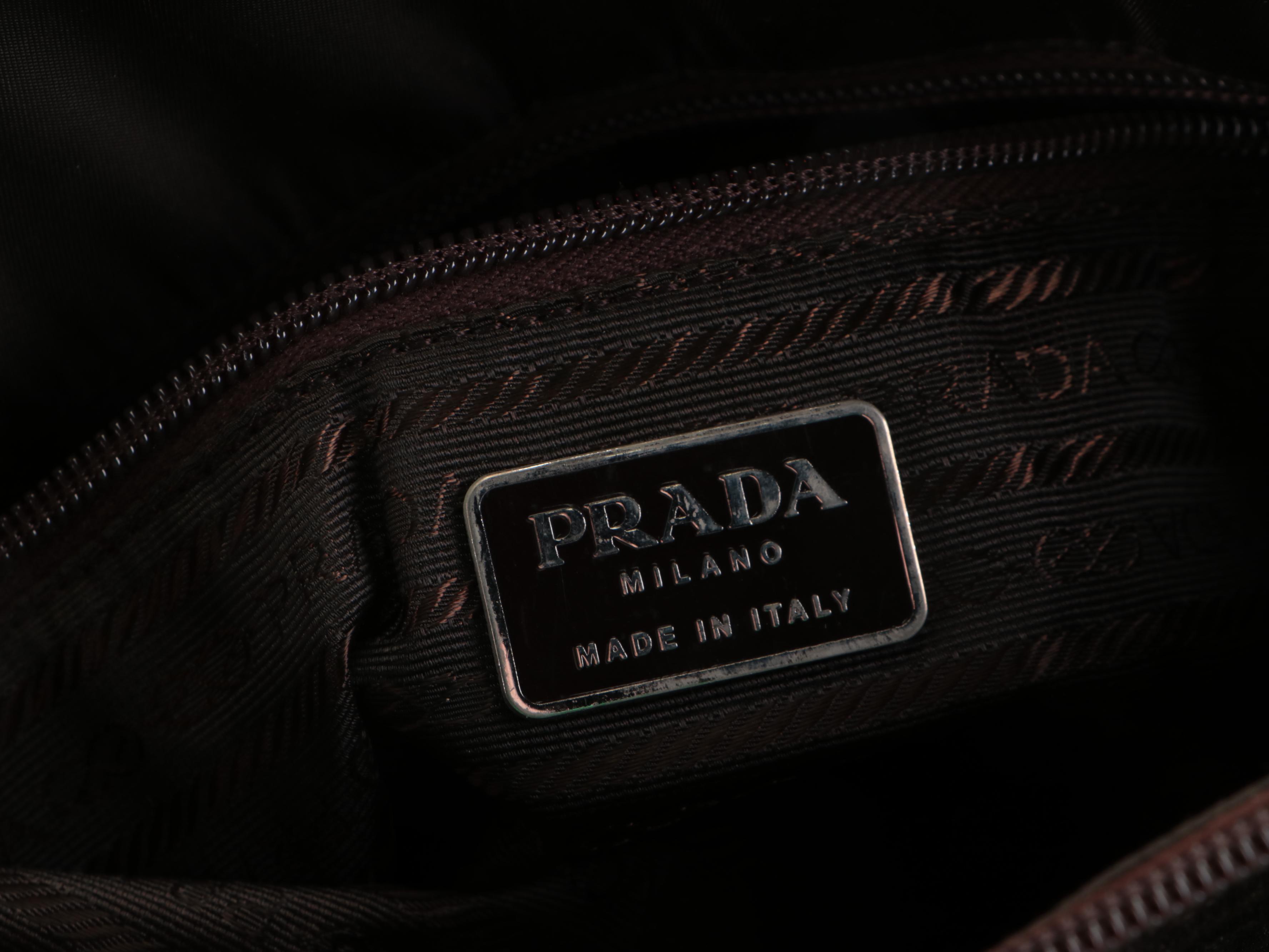 Prada Small Handbag in Olive Green Tessuto Nylon and Dark Brown Leather Trim