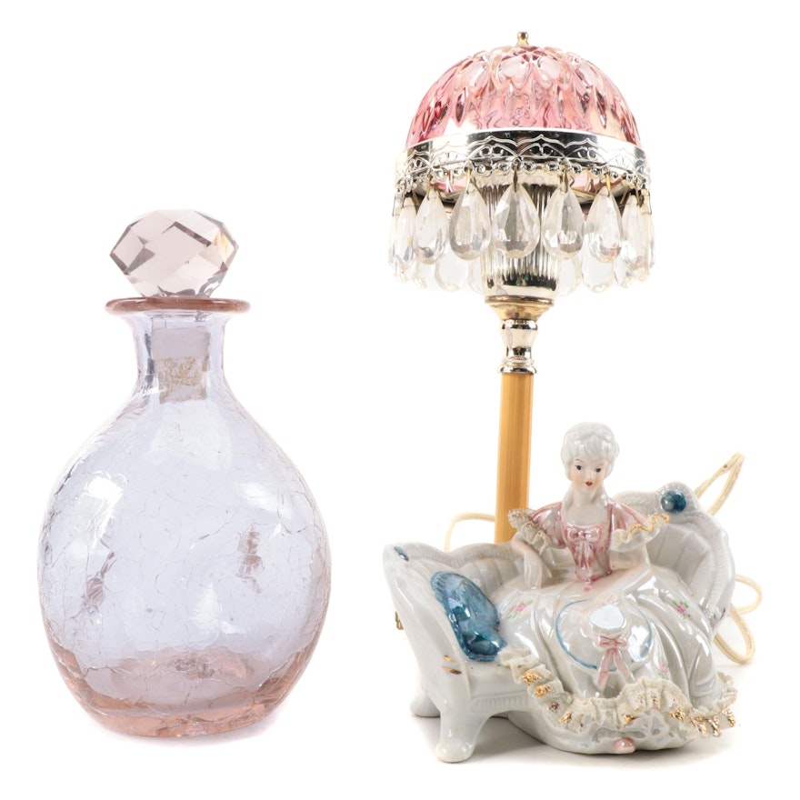 English Crackle Glass Decanter and Dresden Style Porcelain Figural Table Lamp