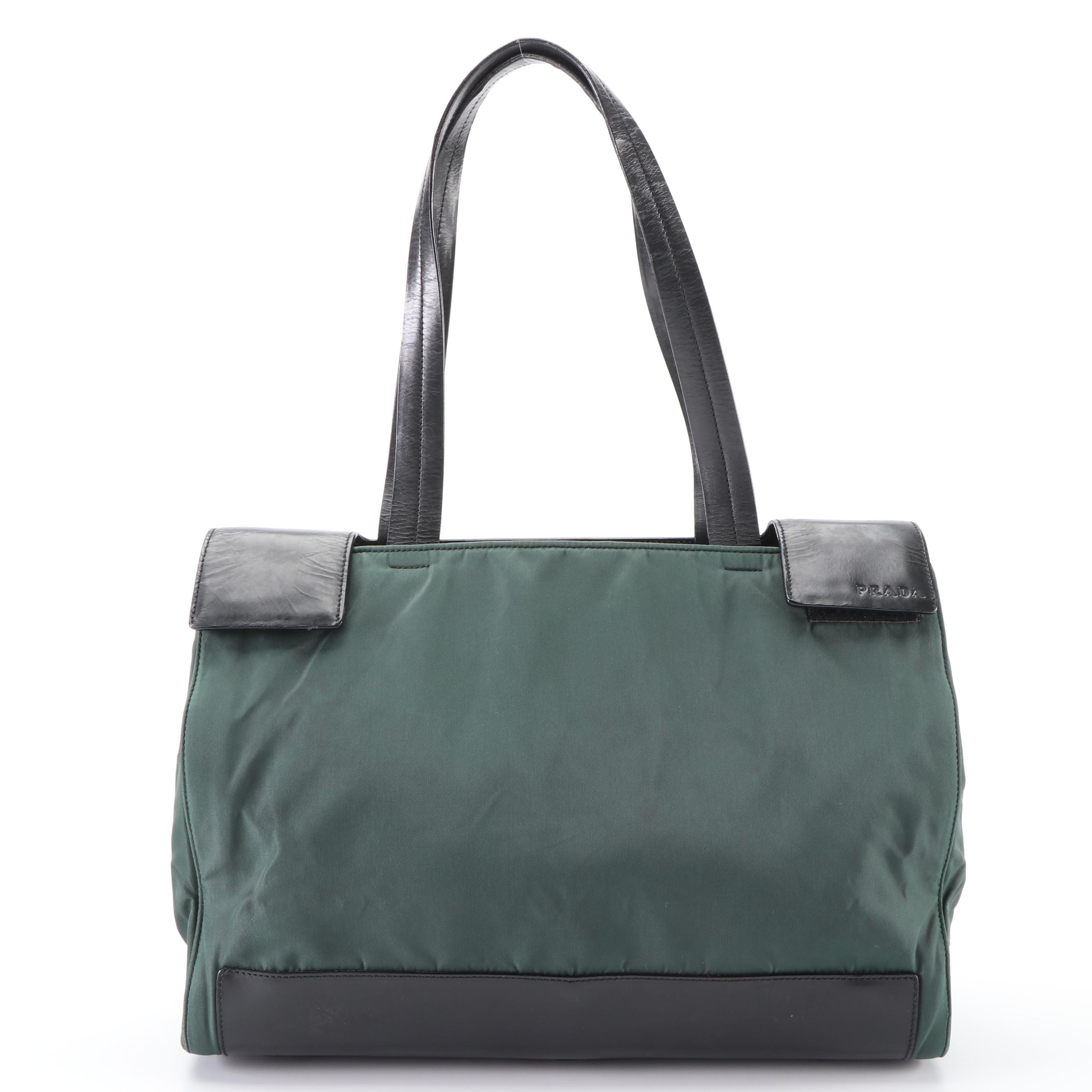 Prada Green Tessuto Nylon and Black Leather Tote
