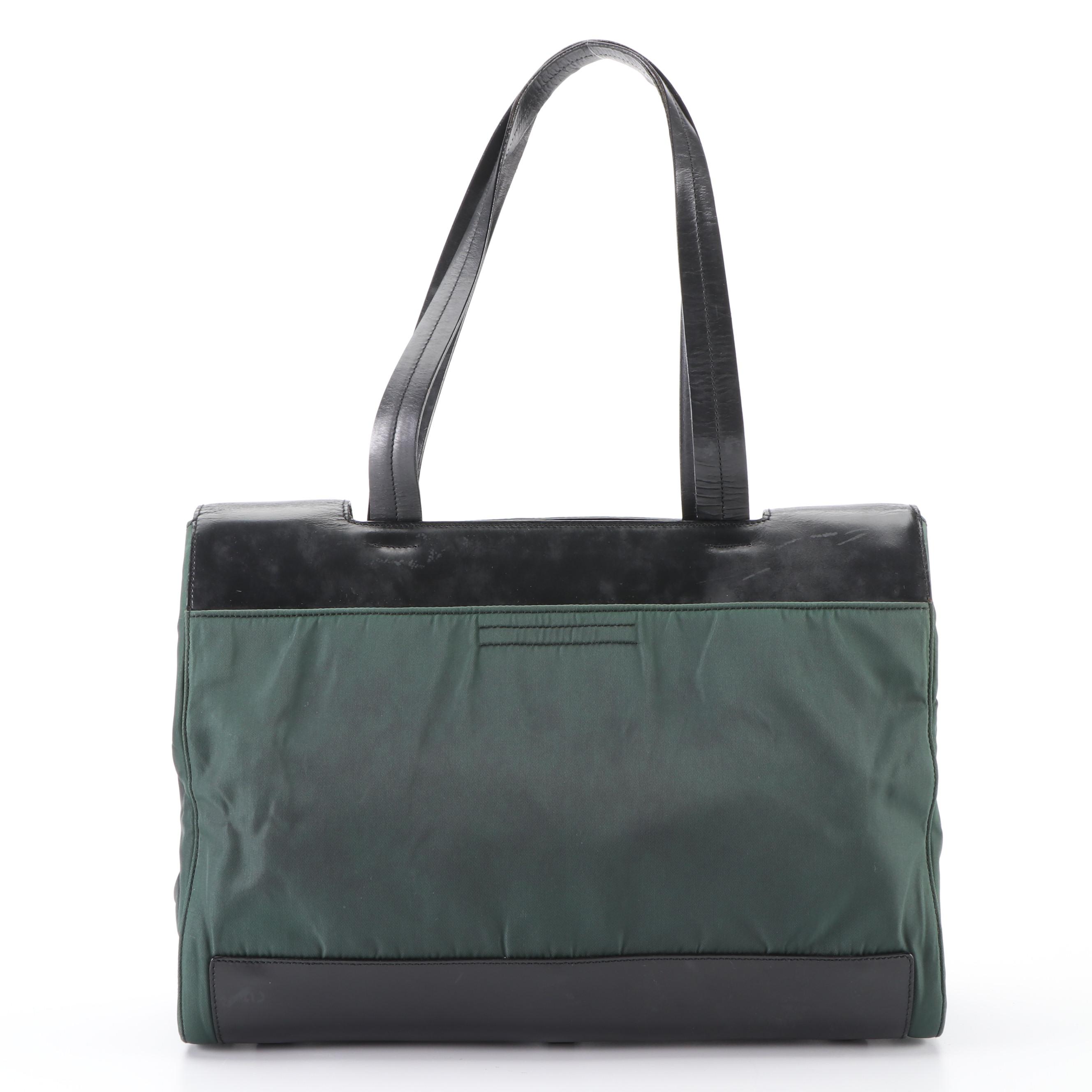 Prada Green Tessuto Nylon and Black Leather Tote